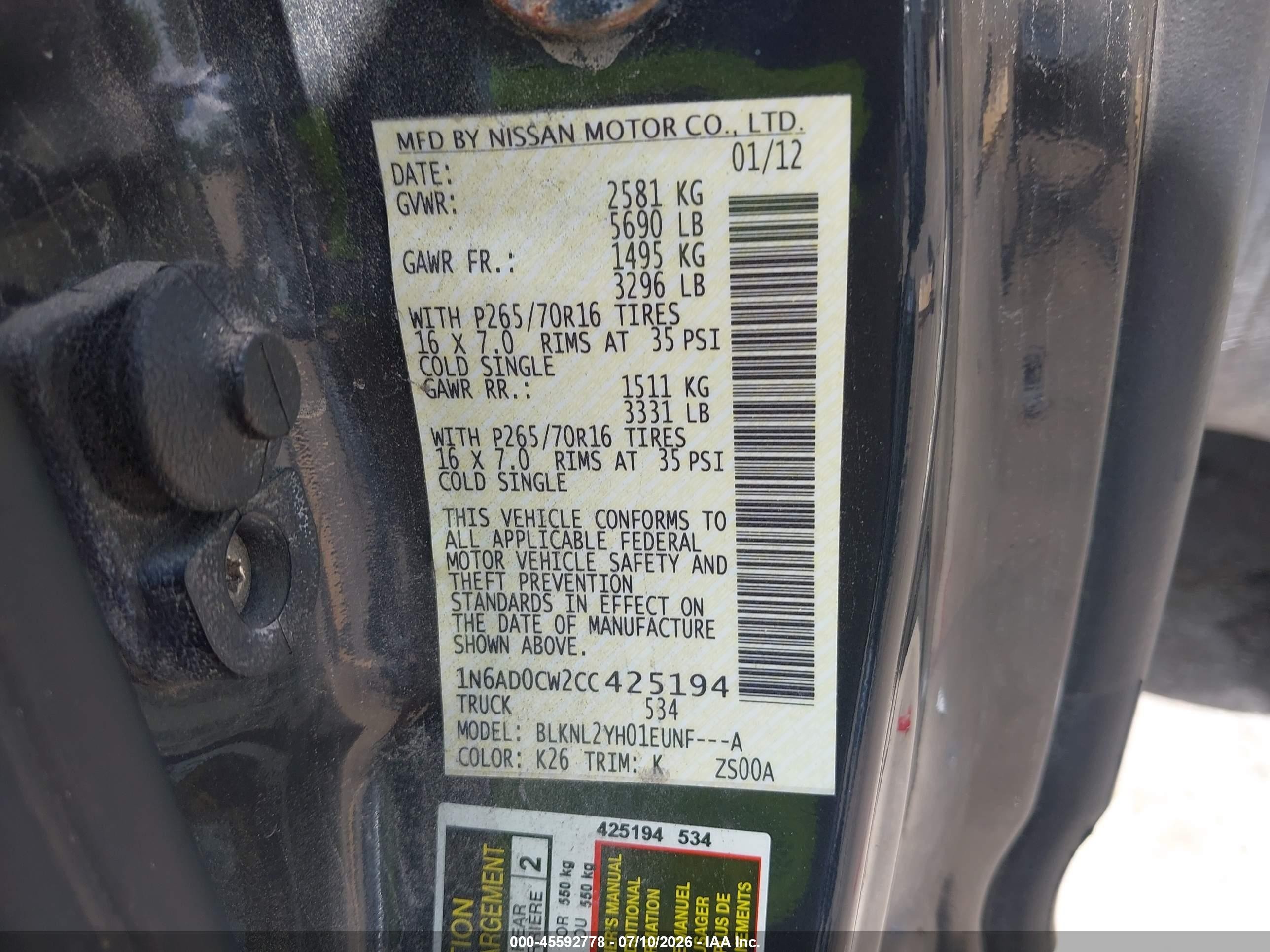 2012 Nissan Frontier Sv Black vin: 1N6AD0CW2CC425194