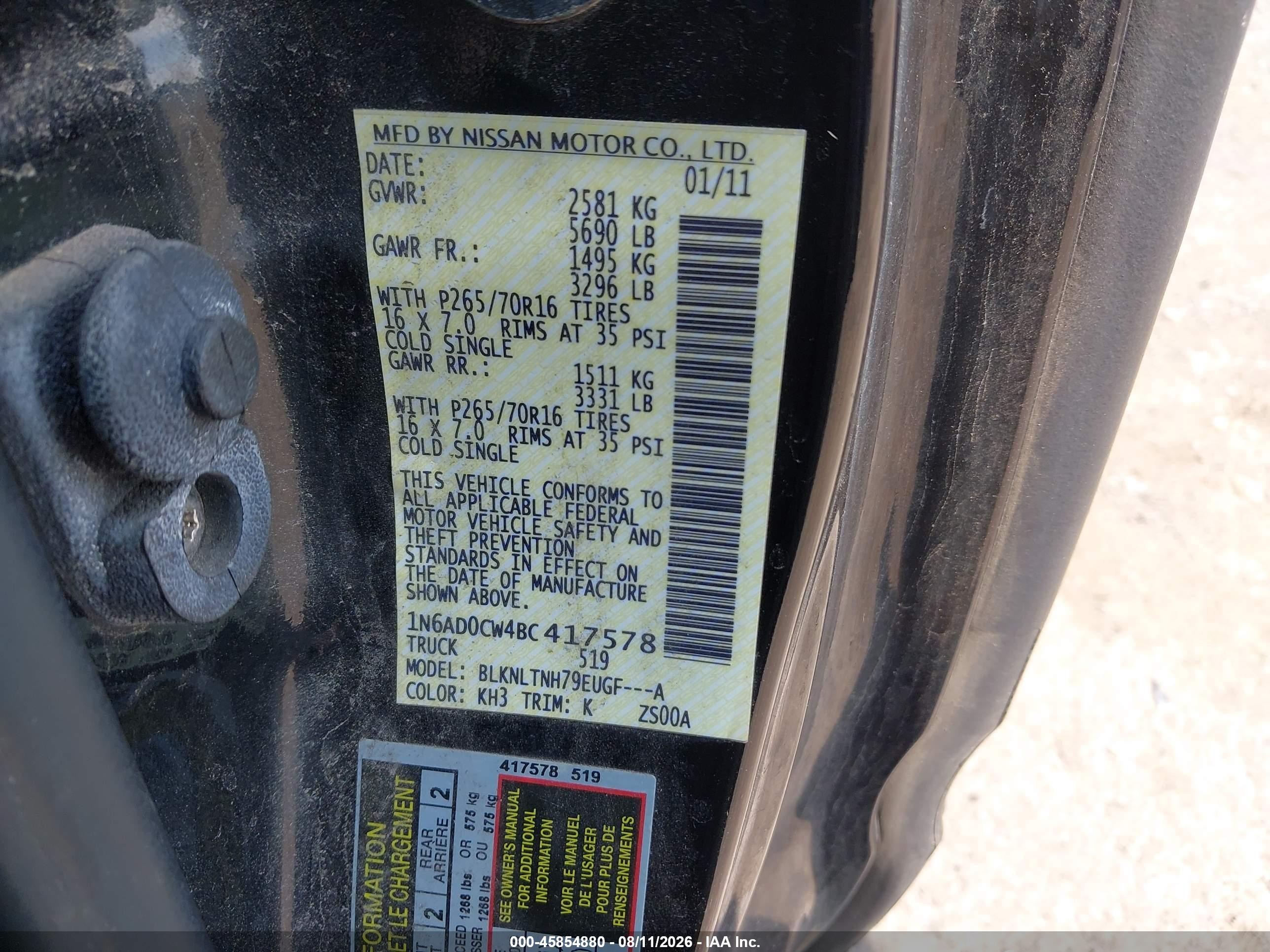 2011 Nissan Frontier Sv Black vin: 1N6AD0CW4BC417578