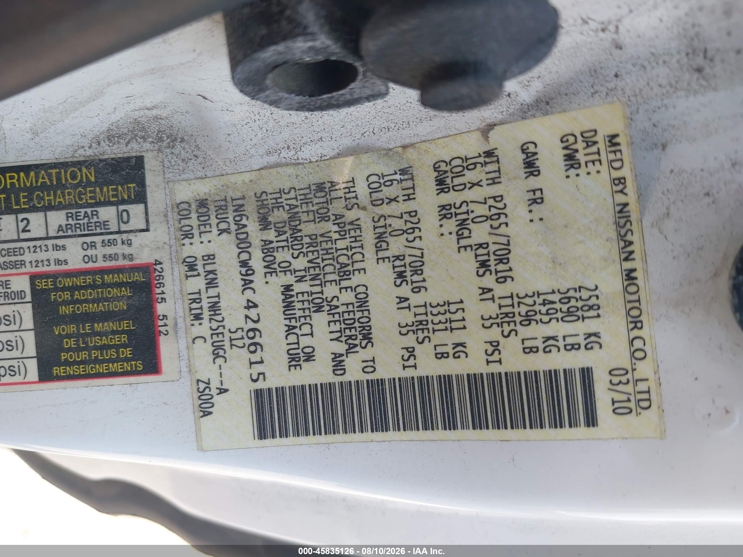 2010 Nissan Frontier Se White vin: 1N6AD0CW9AC426615