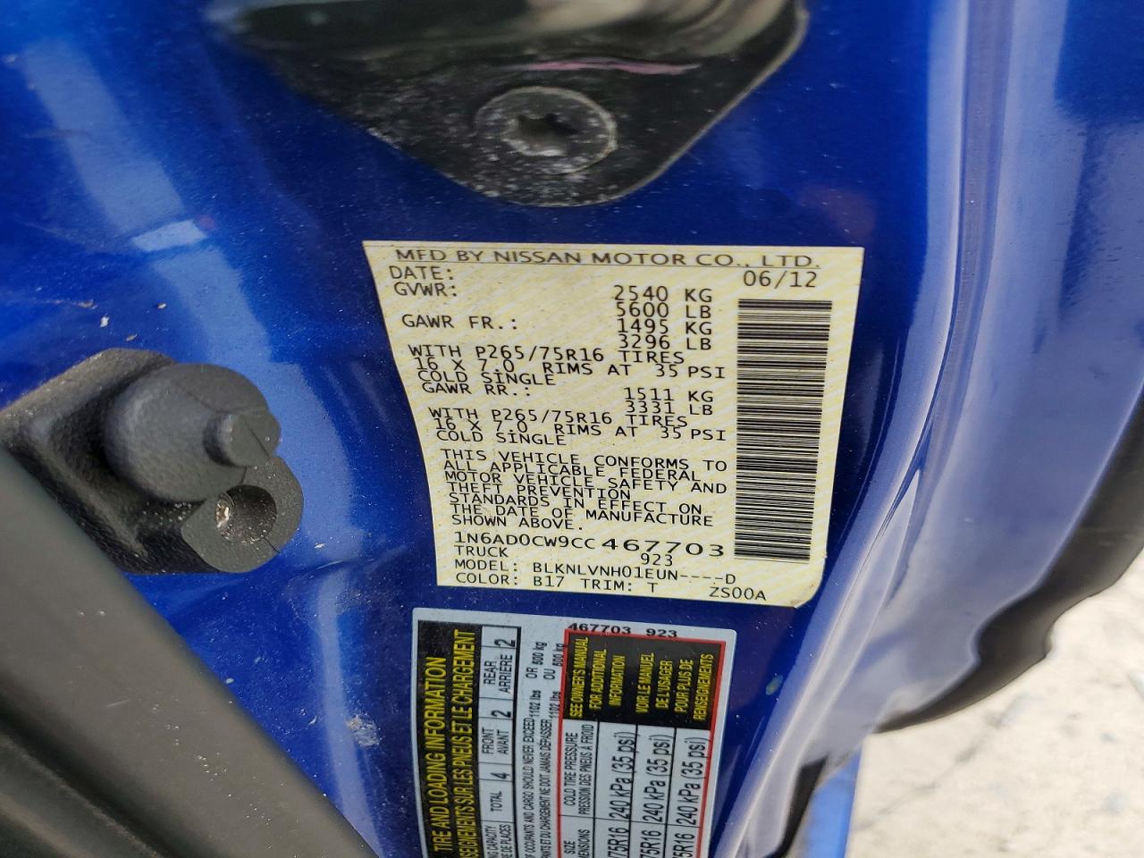 2012 Nissan Frontier Sv V6 Blue vin: 1N6AD0CW9CC467703