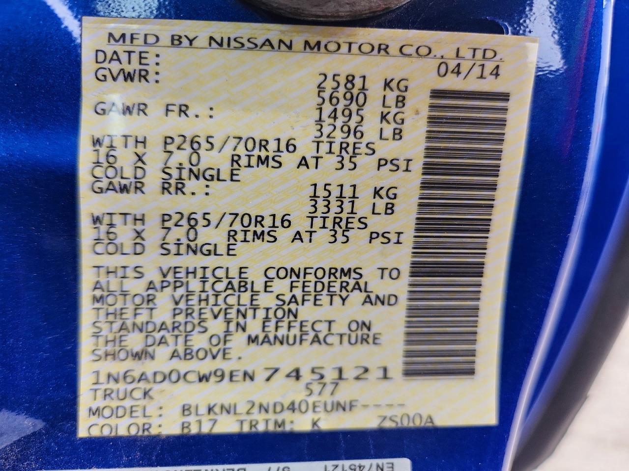 2014 Nissan Frontier Sv V6 Синий vin: 1N6AD0CW9EN745121