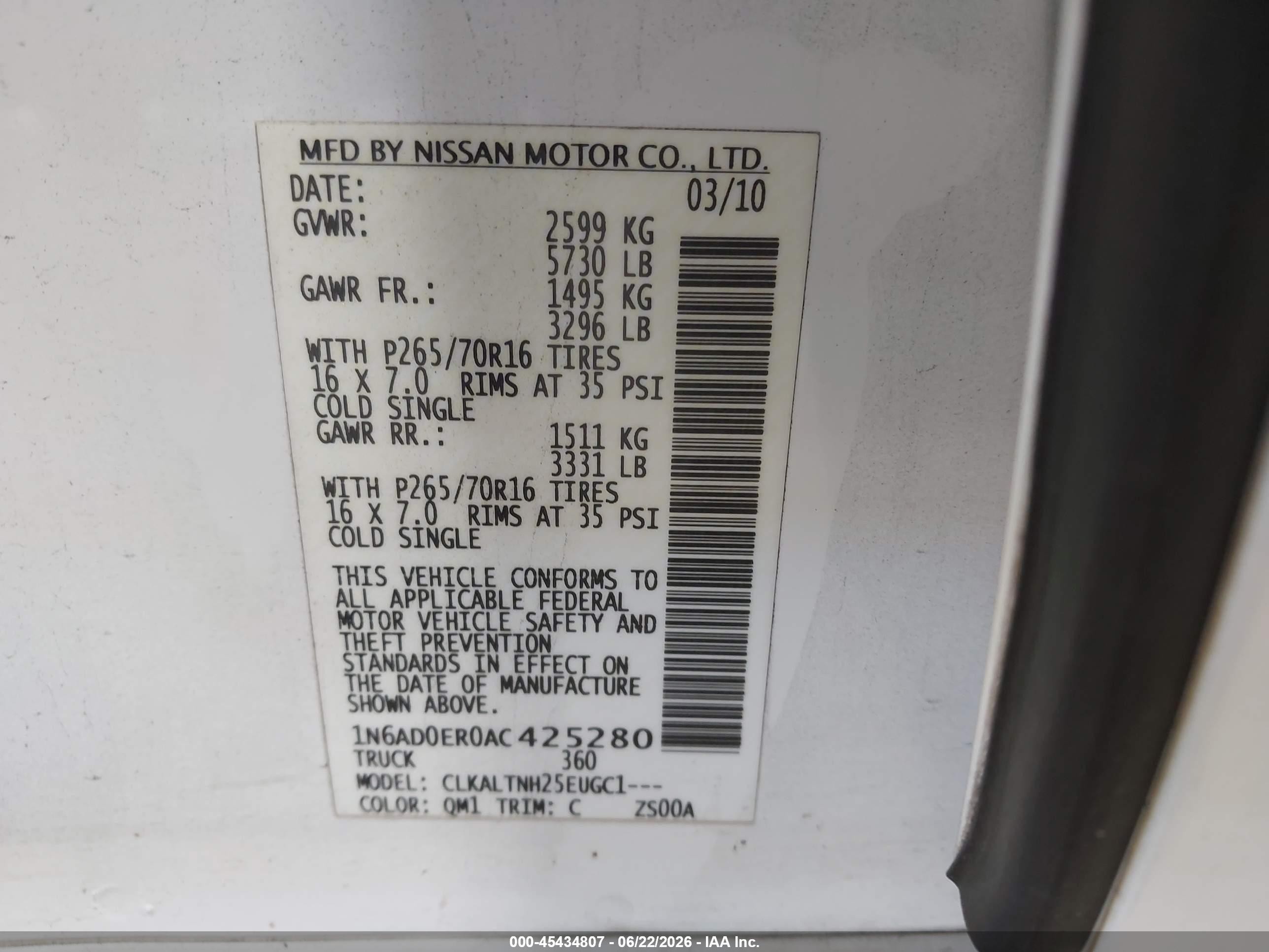 2010 Nissan Frontier Se White vin: 1N6AD0ER0AC425280
