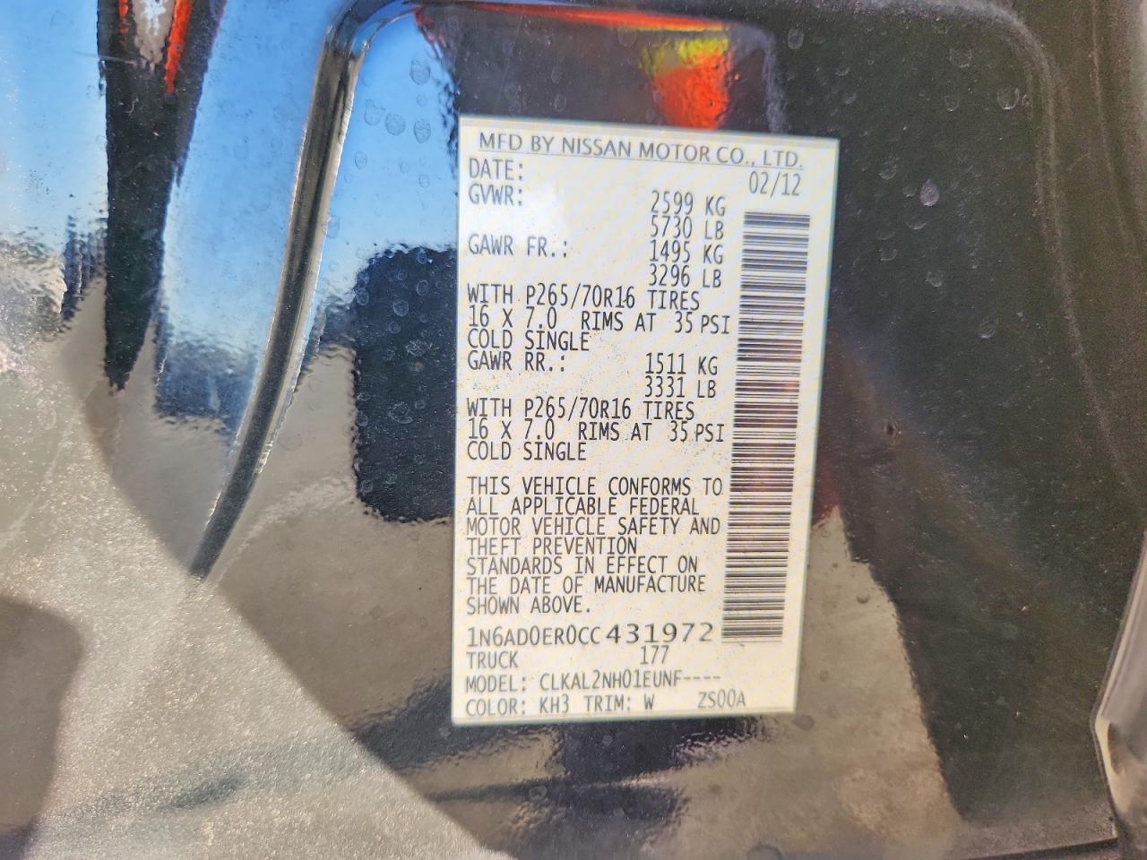 2012 Nissan Frontier S Black vin: 1N6AD0ER0CC431972