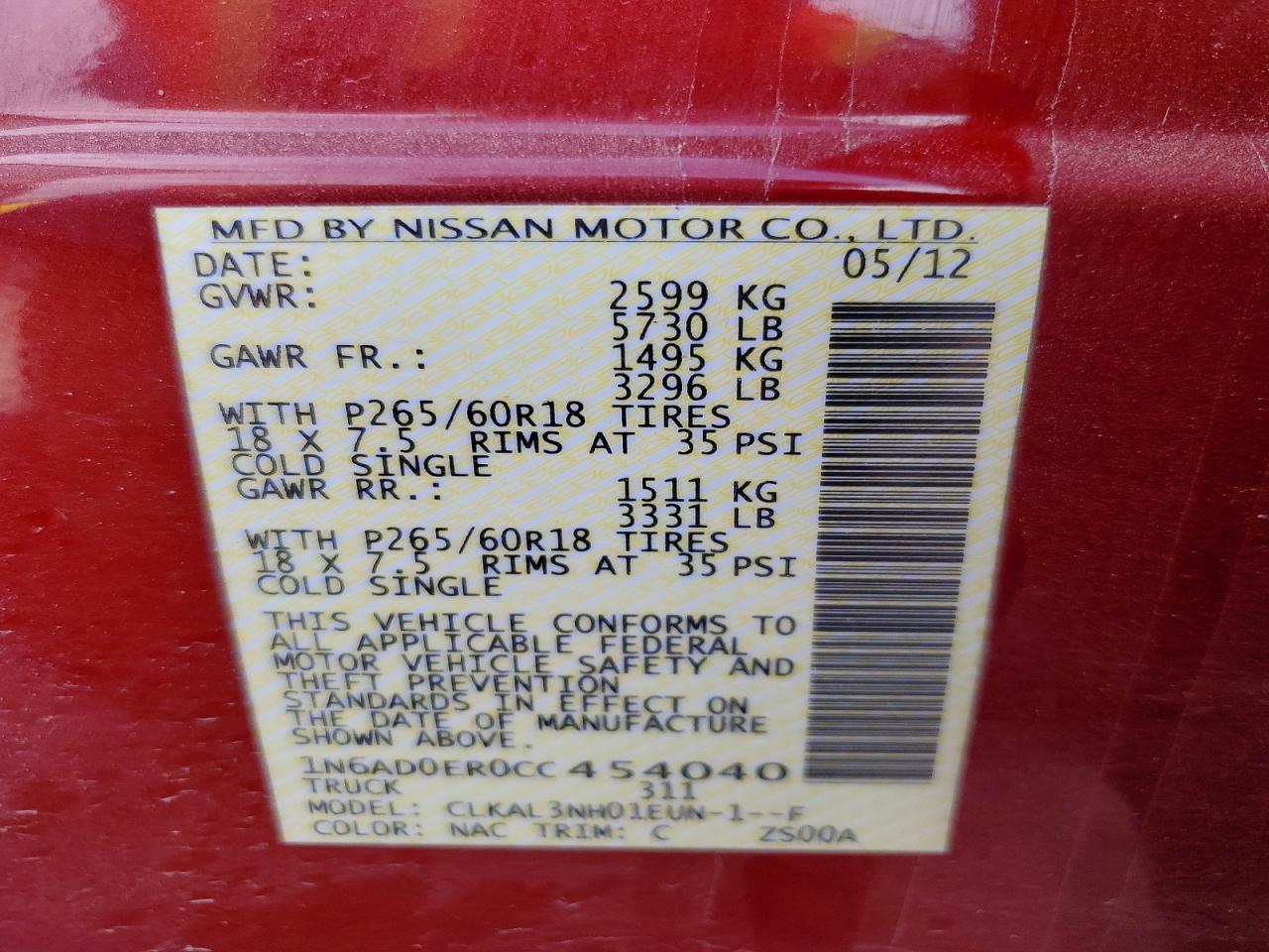 2012 Nissan Frontier S Maroon vin: 1N6AD0ER0CC454040
