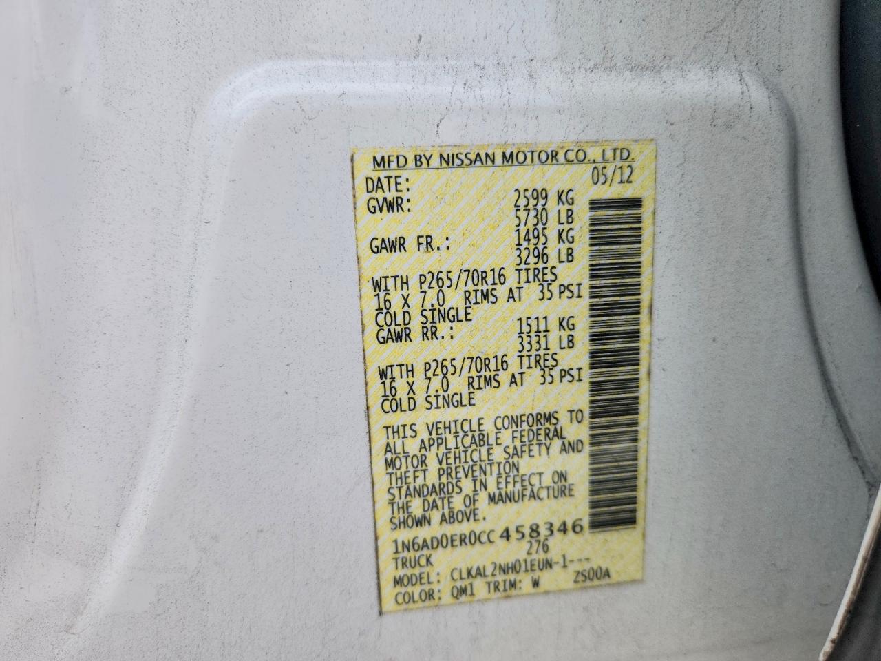 2012 Nissan Frontier S White vin: 1N6AD0ER0CC458346