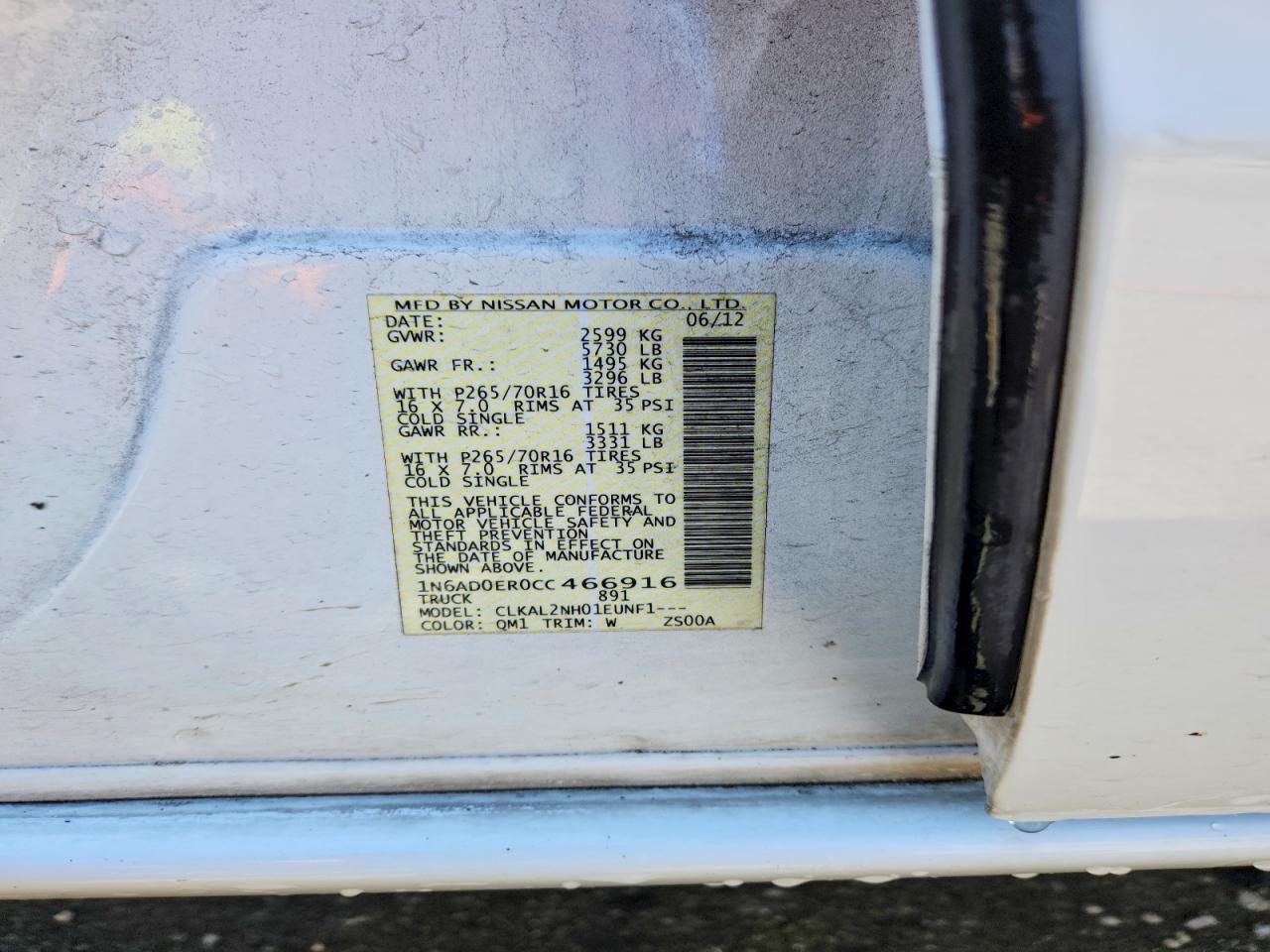 2012 Nissan Frontier S White vin: 1N6AD0ER0CC466916