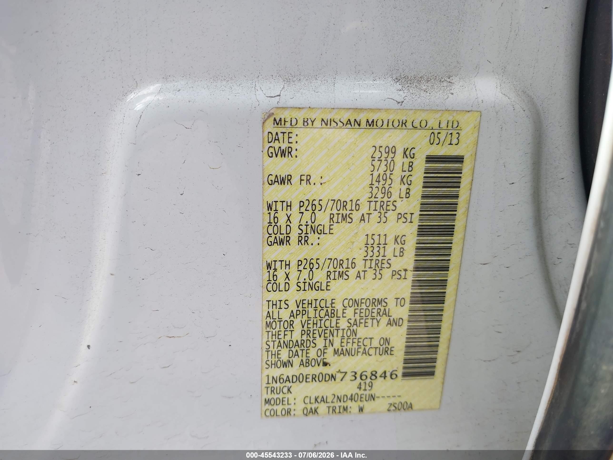 2013 Nissan Frontier Sv White vin: 1N6AD0ER0DN736846