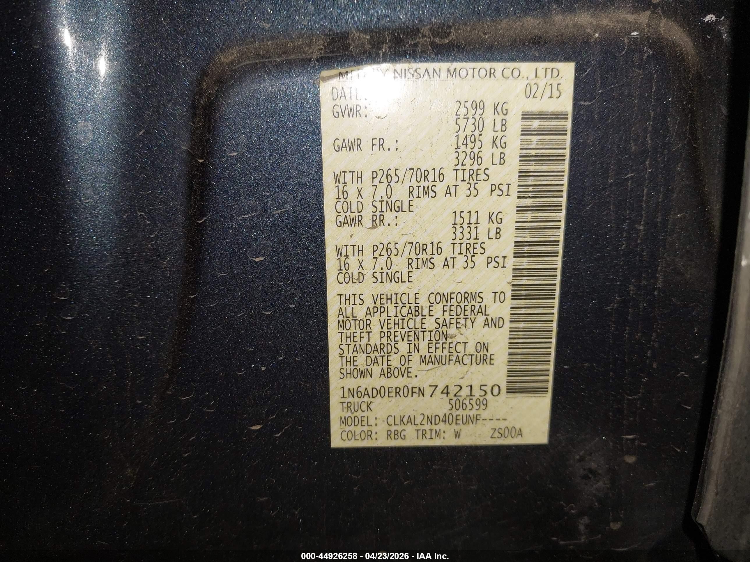 2015 Nissan Frontier Sv Blue vin: 1N6AD0ER0FN742150