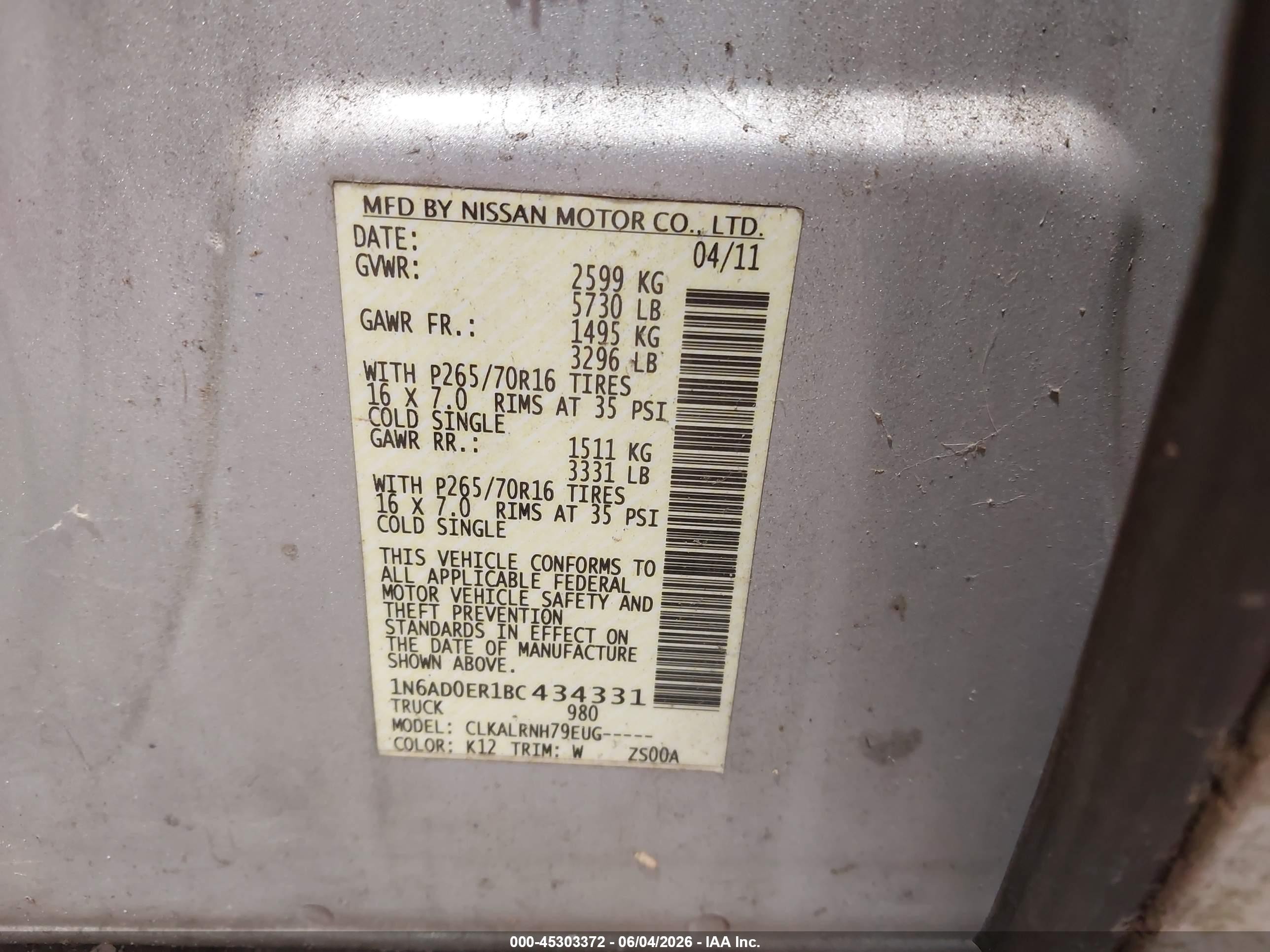 2011 Nissan Frontier S Silver vin: 1N6AD0ER1BC434331