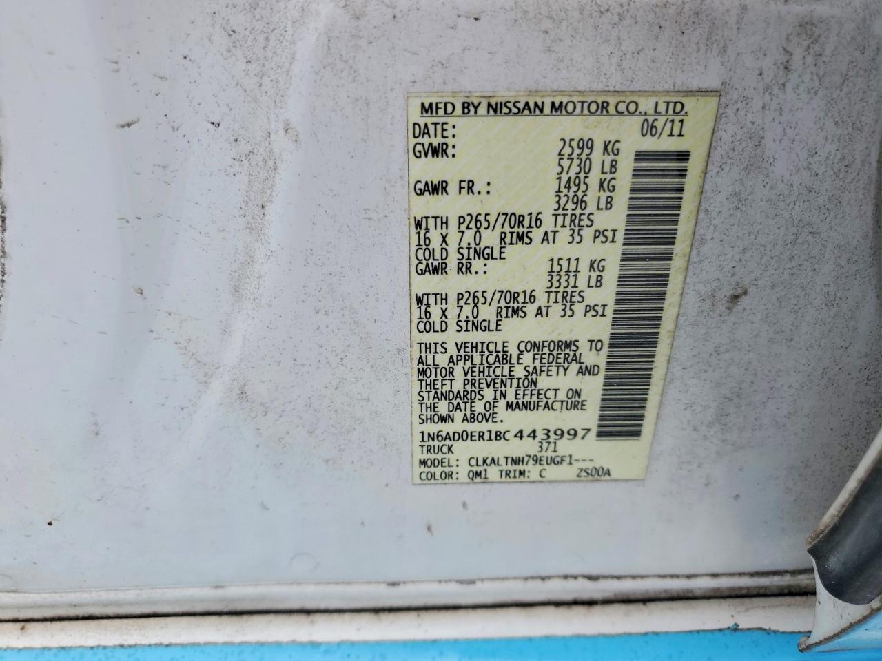 2011 Nissan Frontier S White vin: 1N6AD0ER1BC443997