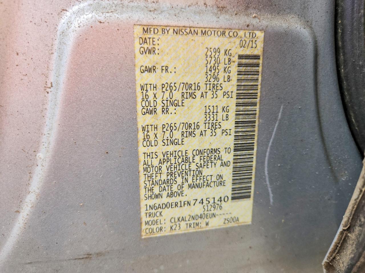 2015 Nissan Frontier Sv Серый vin: 1N6AD0ER1FN745140