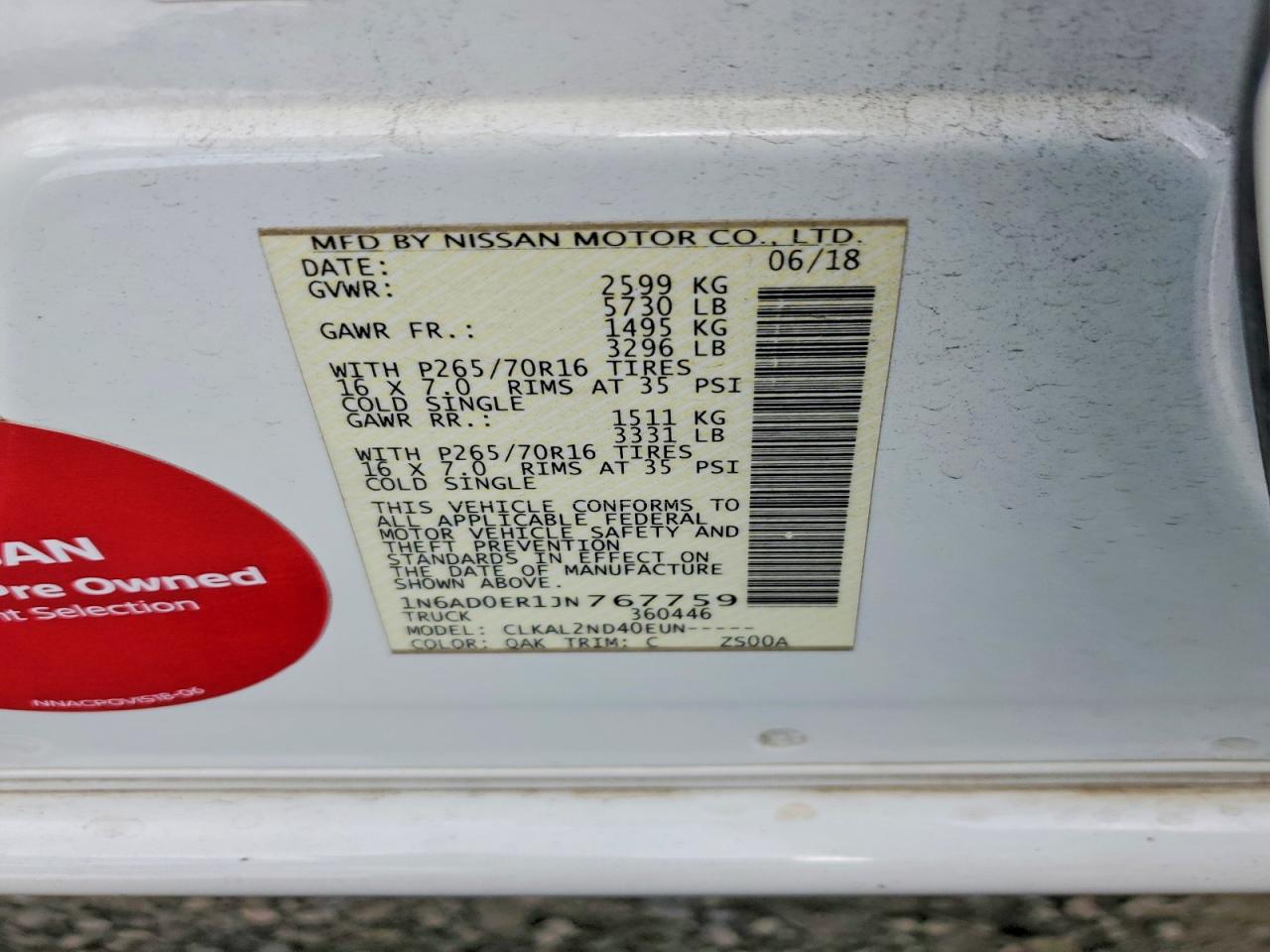 2018 Nissan Frontier Sv White vin: 1N6AD0ER1JN767759
