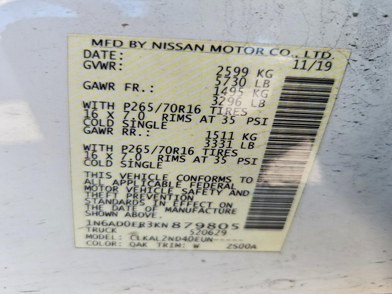 2019 Nissan Frontier Sv White vin: 1N6AD0ER3KN879805