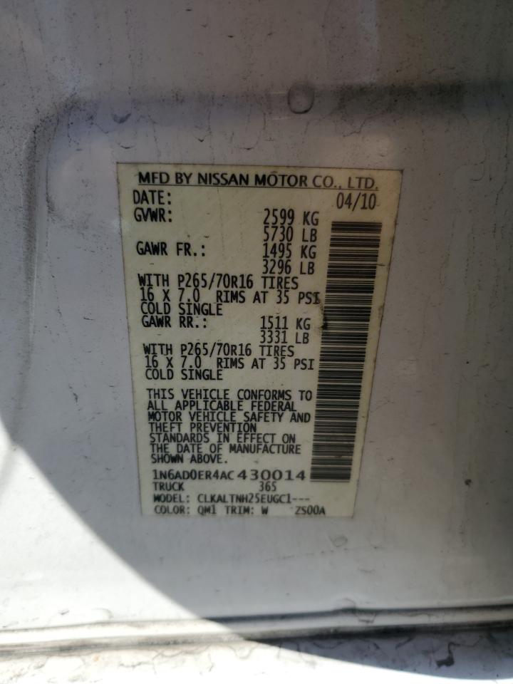 2010 Nissan Frontier Crew Cab Se White vin: 1N6AD0ER4AC430014