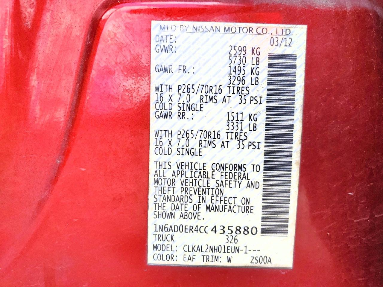 2012 Nissan Frontier S Red vin: 1N6AD0ER4CC435880