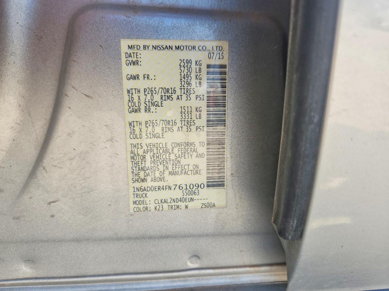 2015 Nissan Frontier Sv Silver vin: 1N6AD0ER4FN761090
