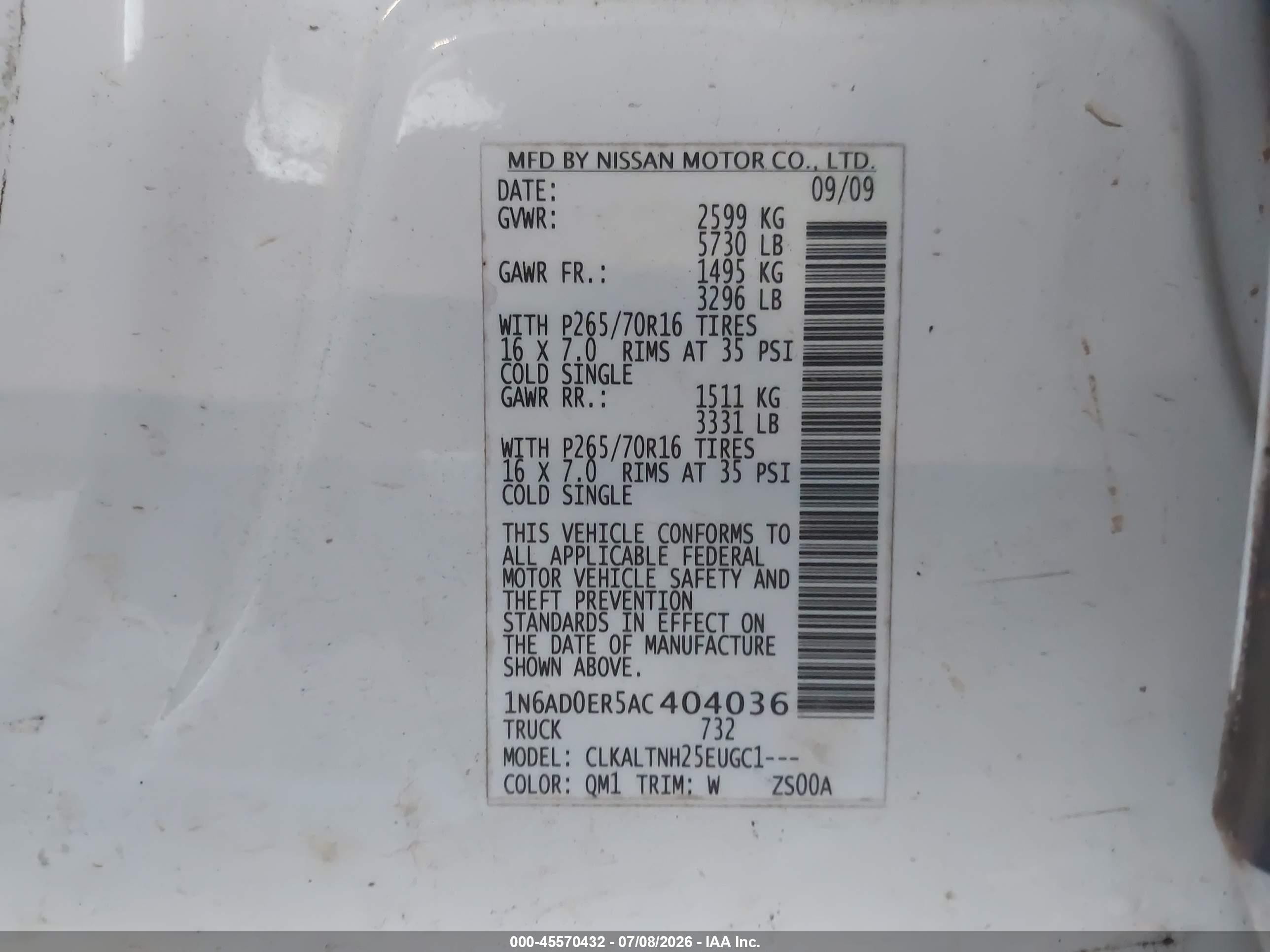 2010 Nissan Frontier Se White vin: 1N6AD0ER5AC404036