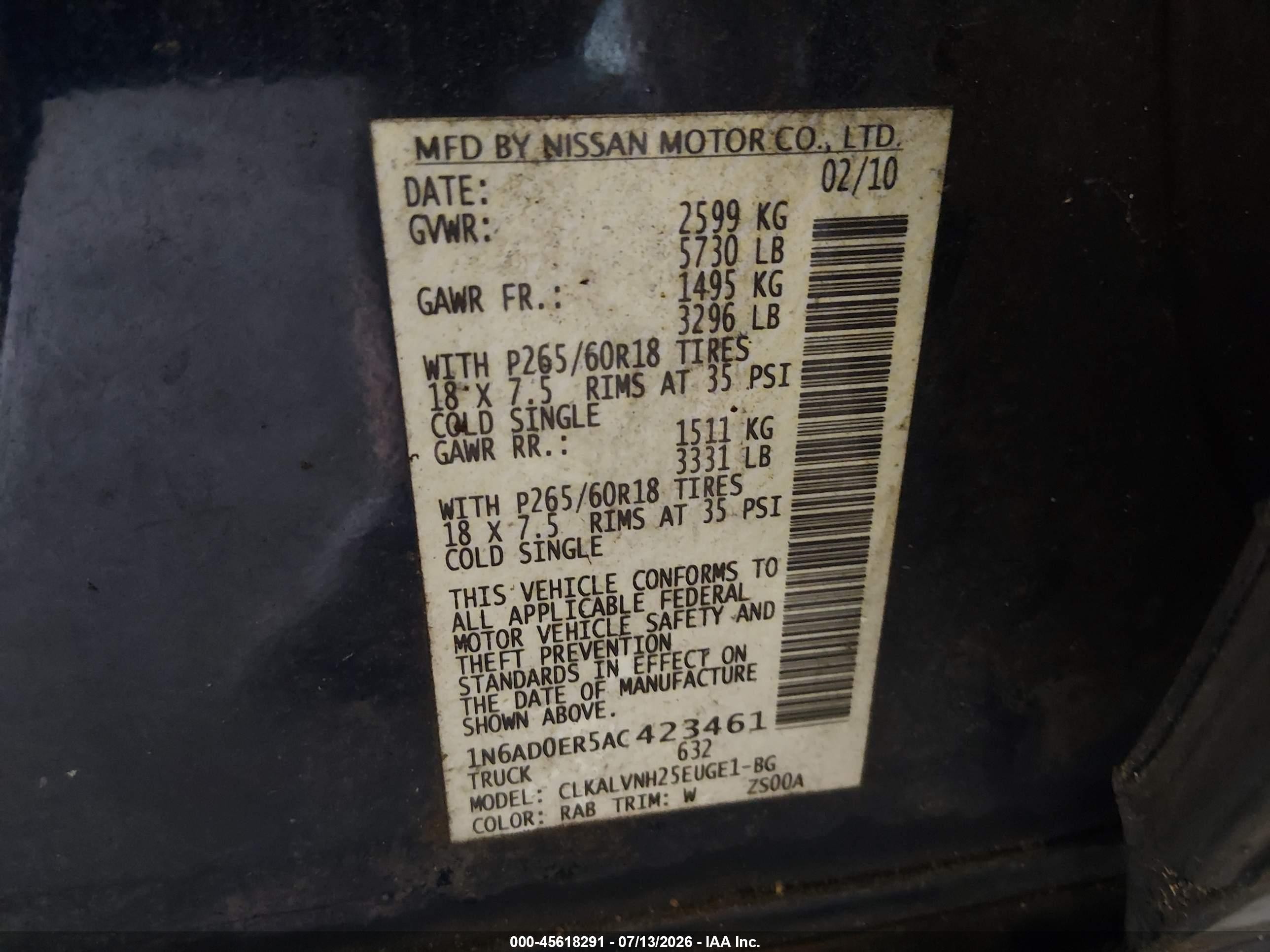 2010 Nissan Frontier Le Blue vin: 1N6AD0ER5AC423461