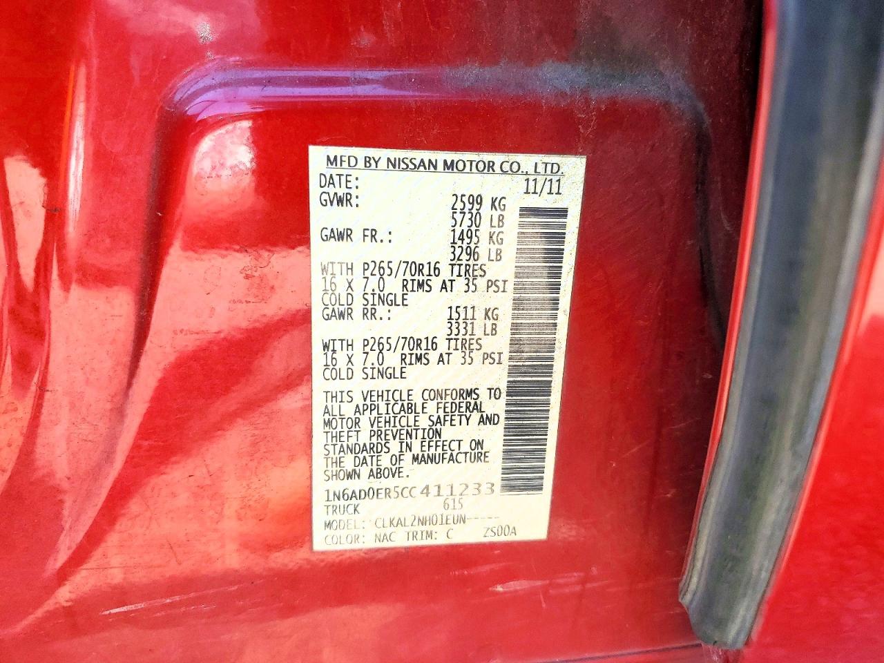 2012 Nissan Frontier S Red vin: 1N6AD0ER5CC411233