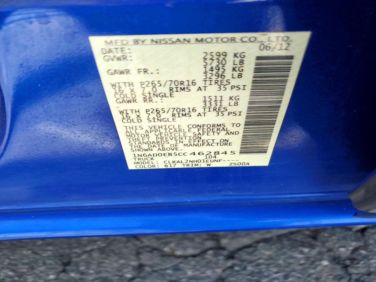 2012 Nissan Frontier S Blue vin: 1N6AD0ER5CC462845