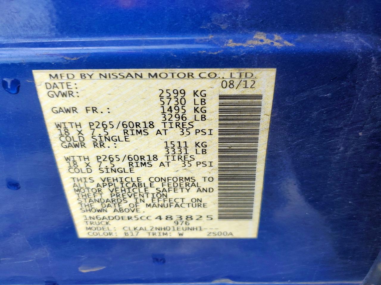 2012 Nissan Frontier S Blue vin: 1N6AD0ER5CC483825