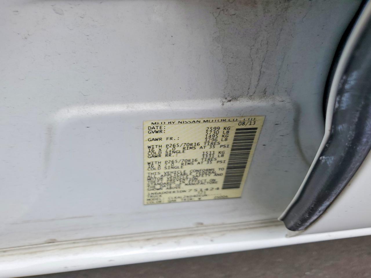 2013 Nissan Frontier S White vin: 1N6AD0ER5DN751424