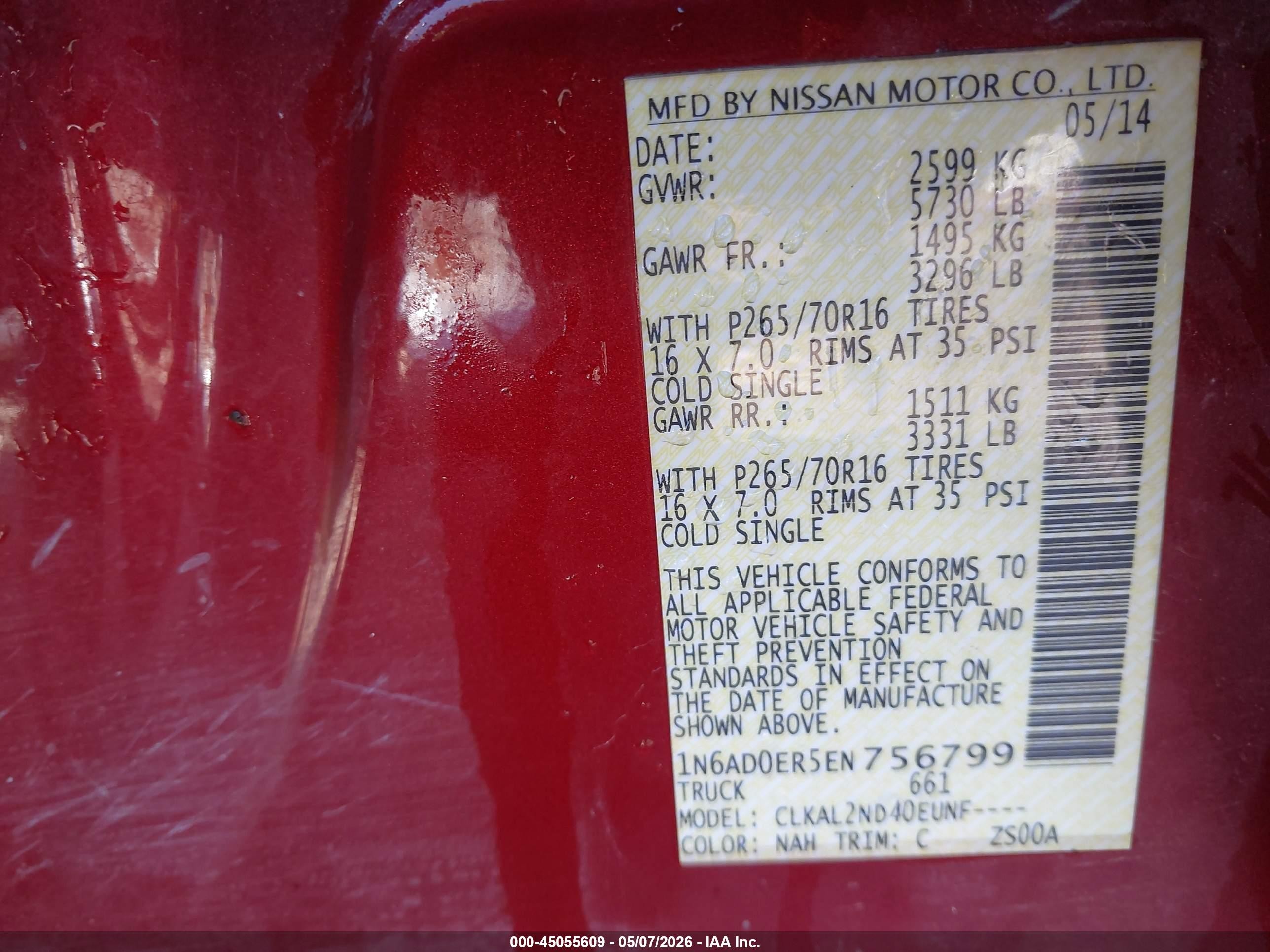 2014 Nissan Frontier Sv Red vin: 1N6AD0ER5EN756799