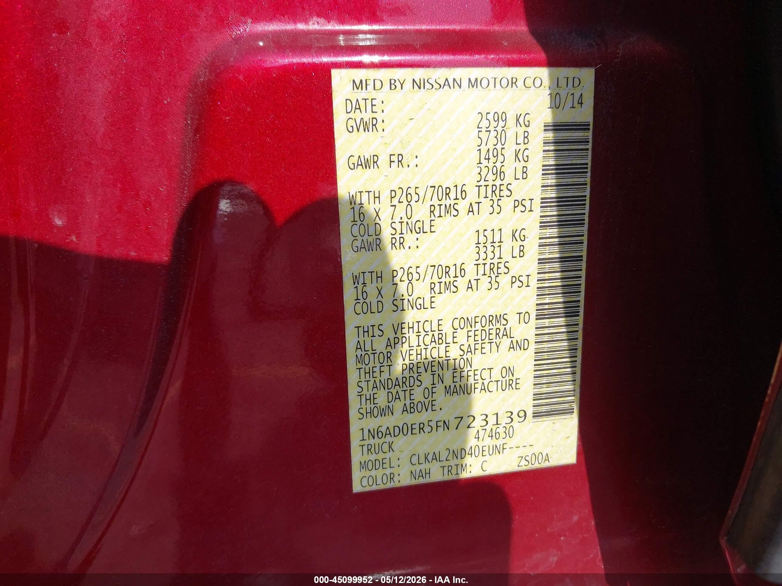 2015 Nissan Frontier Sv Red vin: 1N6AD0ER5FN723139