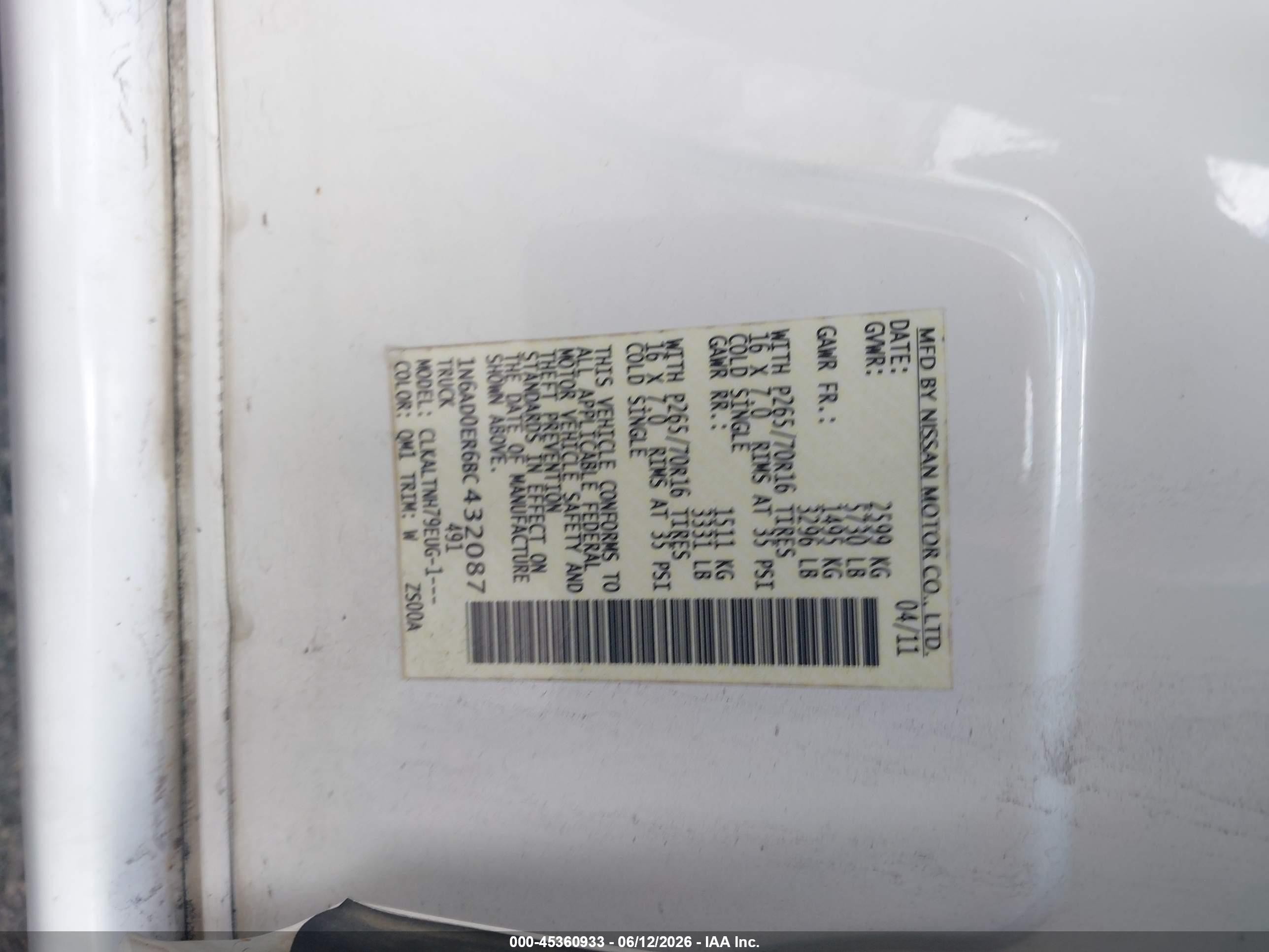 2011 Nissan Frontier Sv White vin: 1N6AD0ER6BC432087