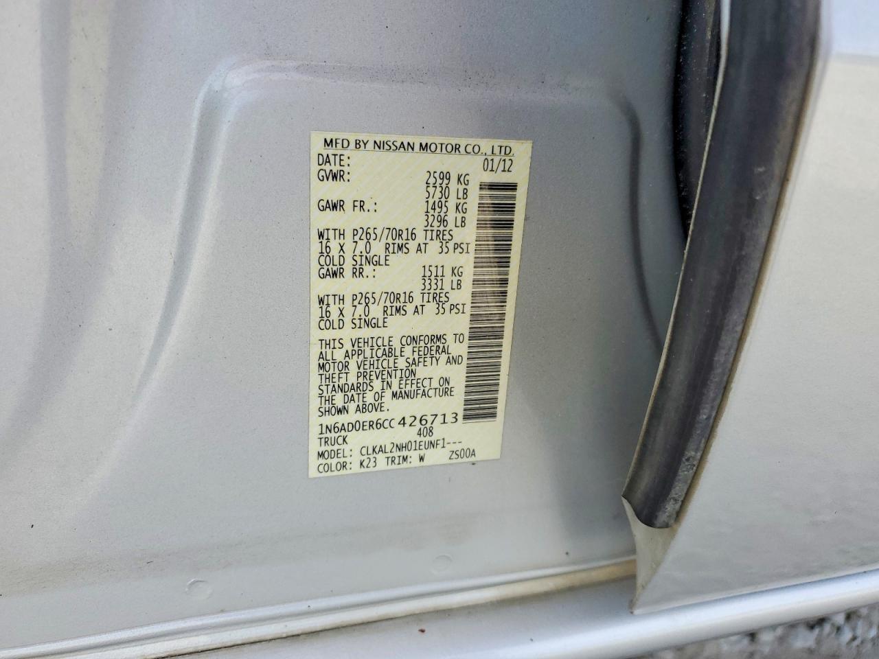2012 Nissan Frontier S Silver vin: 1N6AD0ER6CC426713