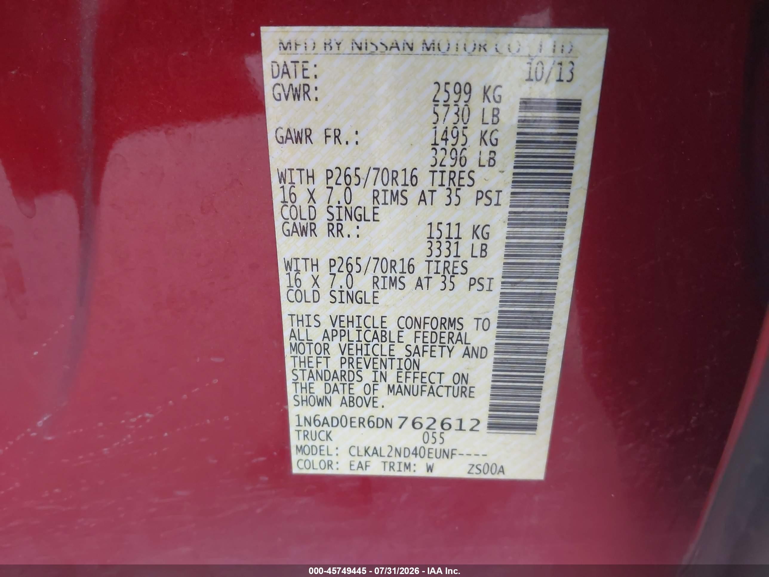 2013 Nissan Frontier Sv Red vin: 1N6AD0ER6DN762612