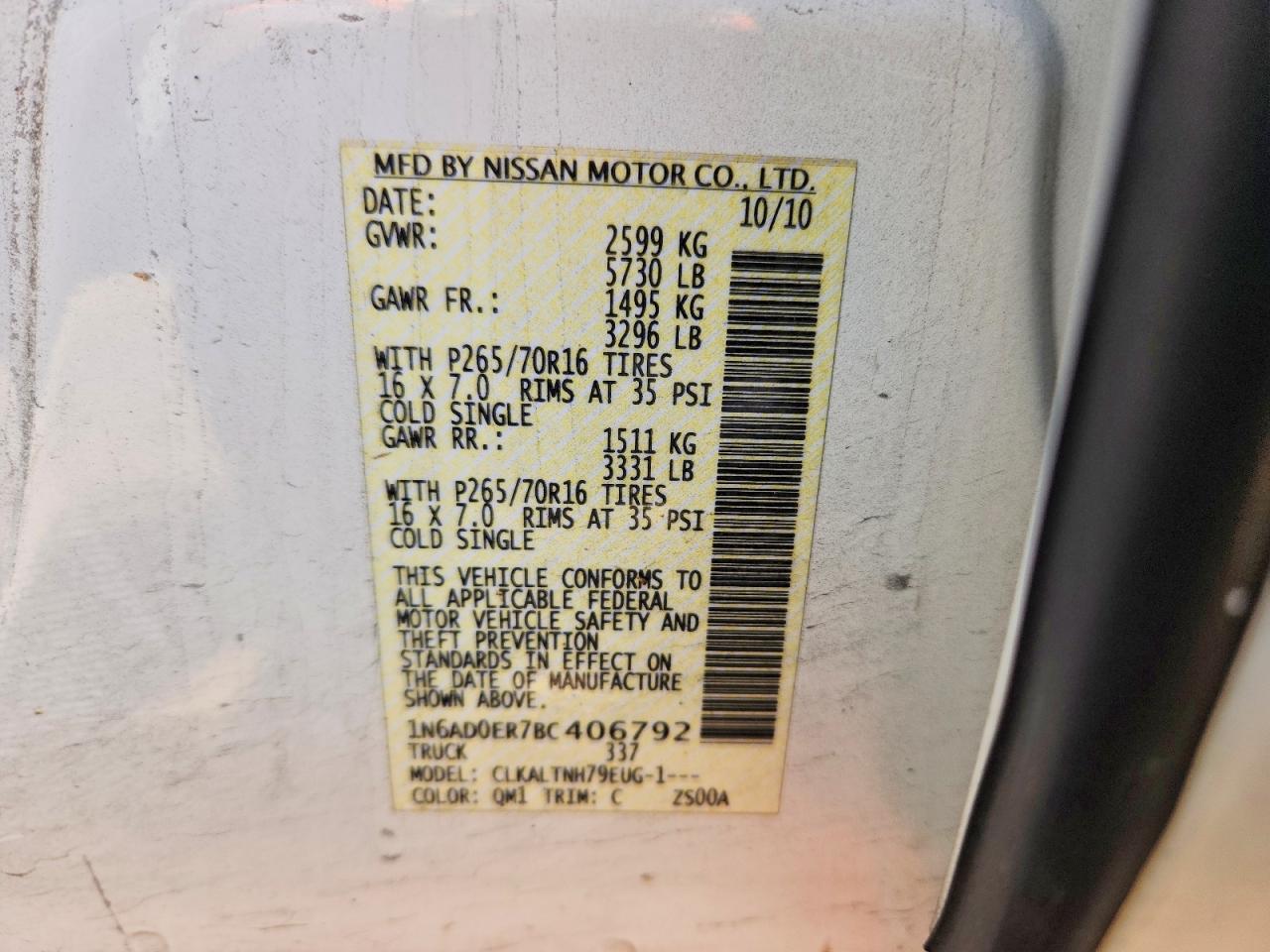 2011 Nissan Frontier S White vin: 1N6AD0ER7BC406792