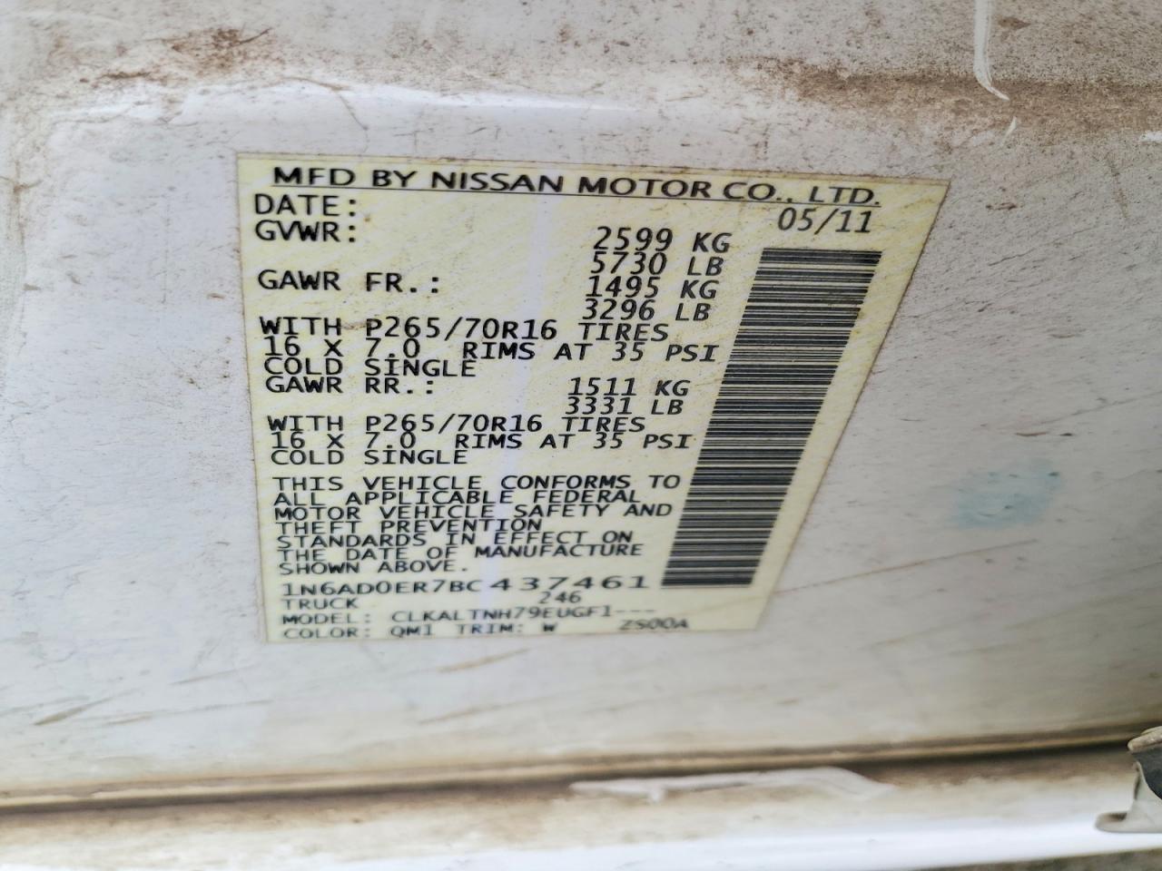 2011 Nissan Frontier S/sv/sl/pro-4x White vin: 1N6AD0ER7BC437461