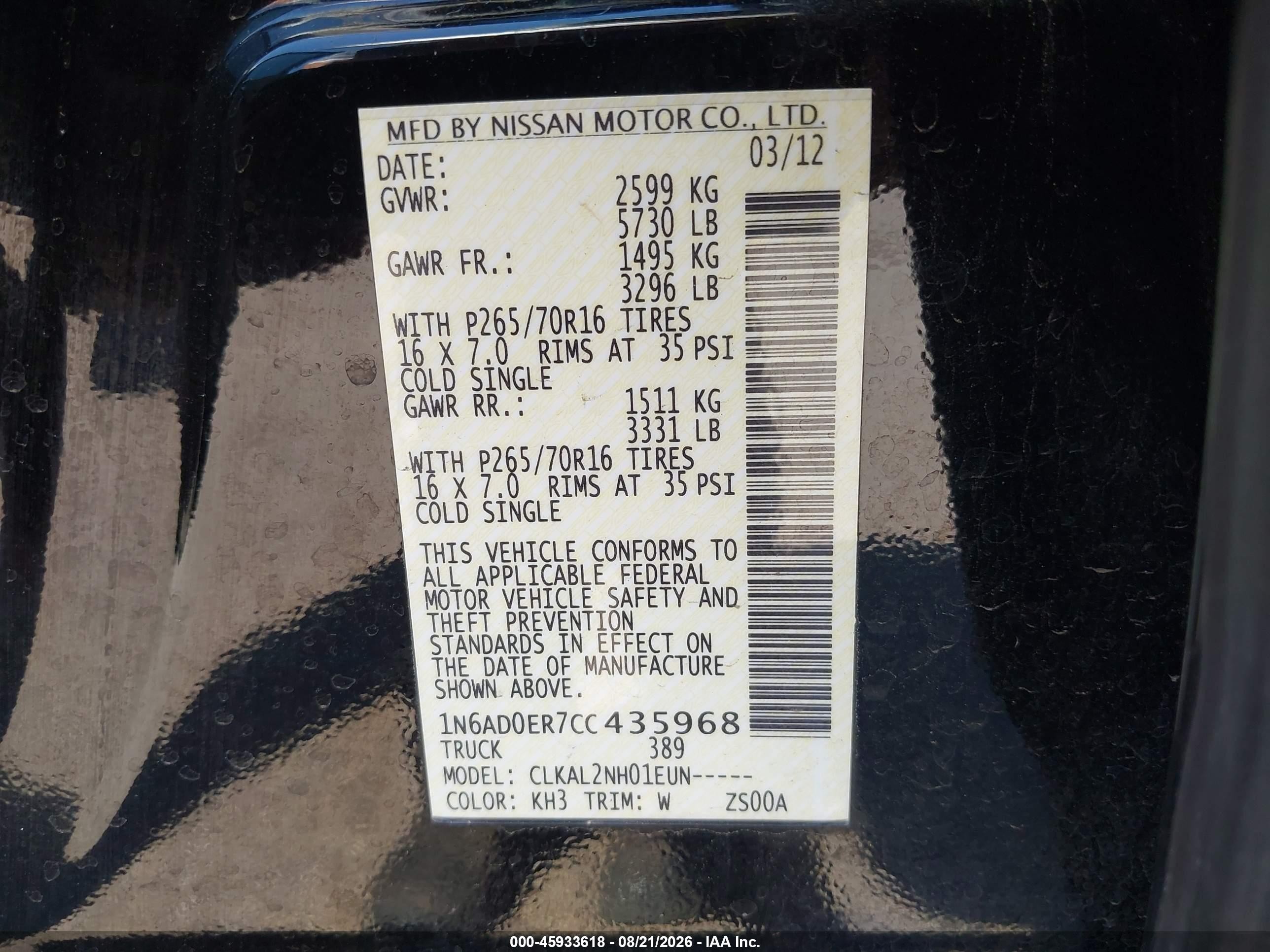 2012 Nissan Frontier Sv Black vin: 1N6AD0ER7CC435968