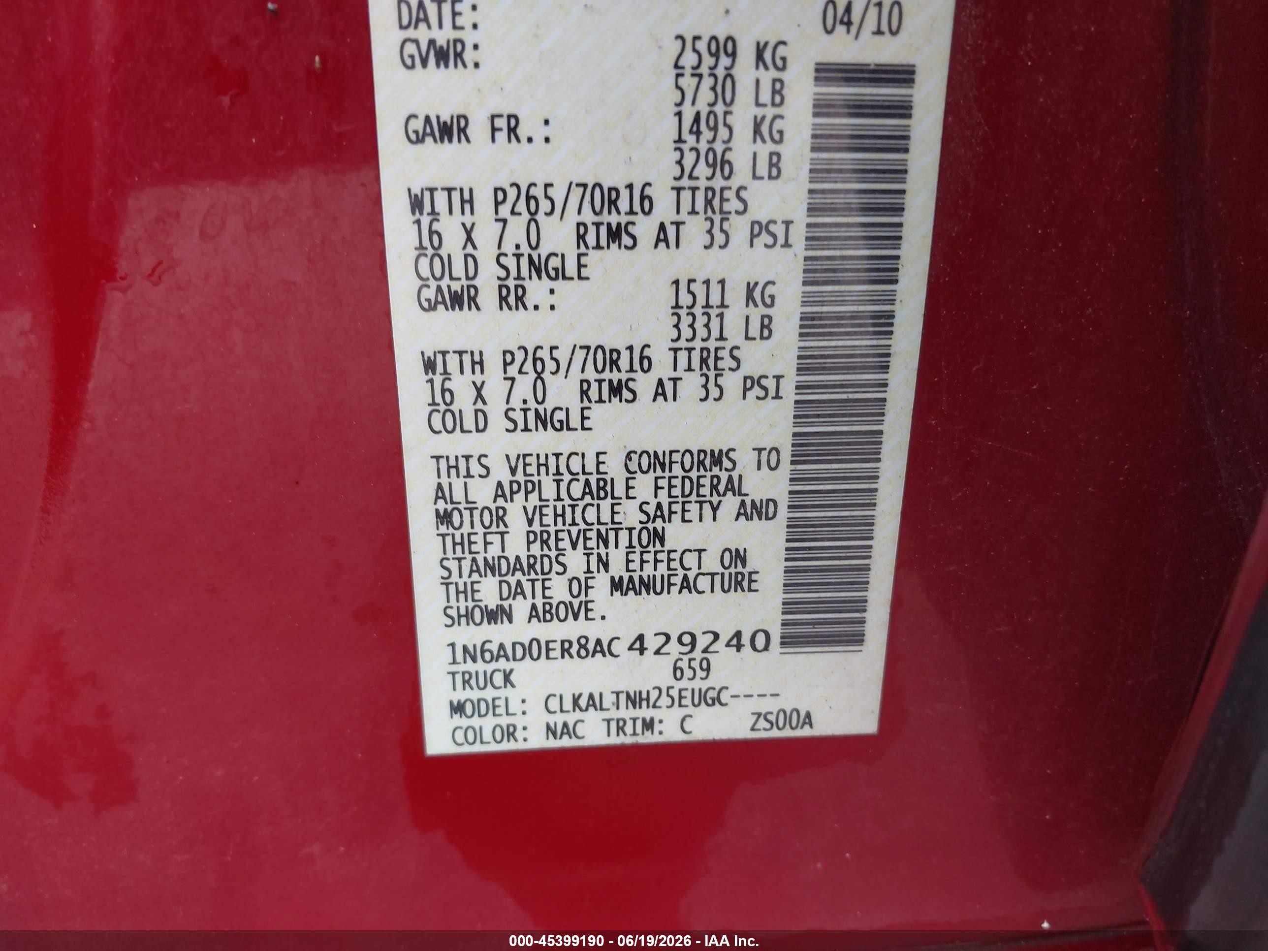 2010 Nissan Frontier Se Red vin: 1N6AD0ER8AC429240
