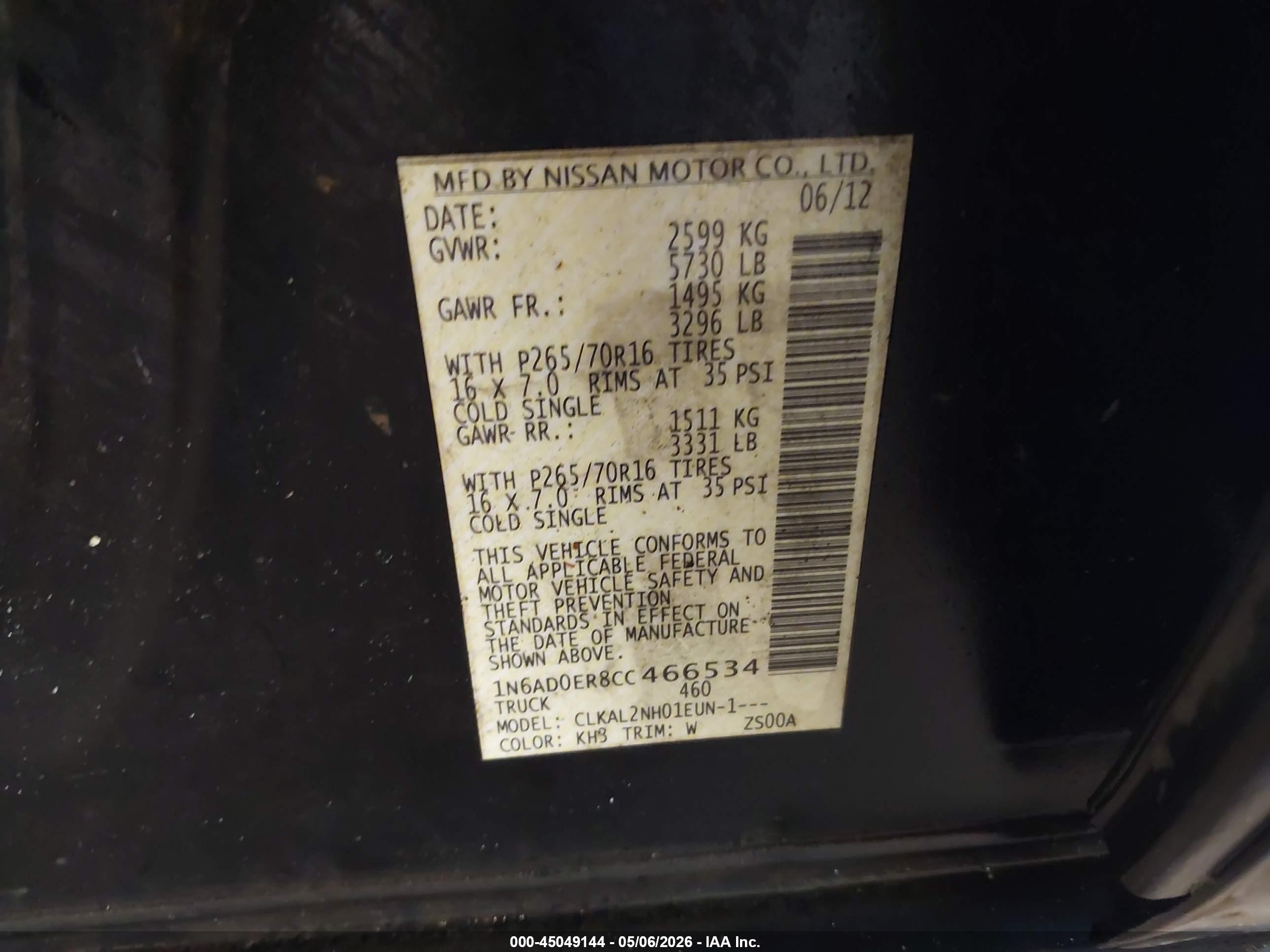 2012 Nissan Frontier Sv Black vin: 1N6AD0ER8CC466534