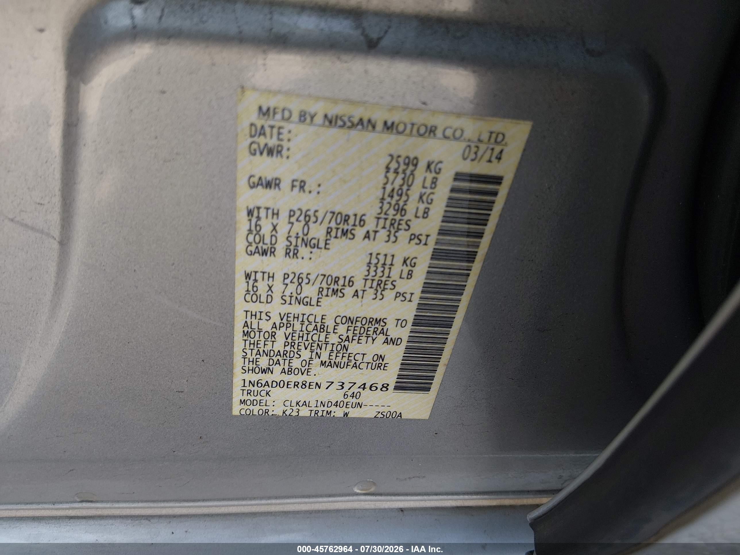 2014 Nissan Frontier S Gray vin: 1N6AD0ER8EN737468