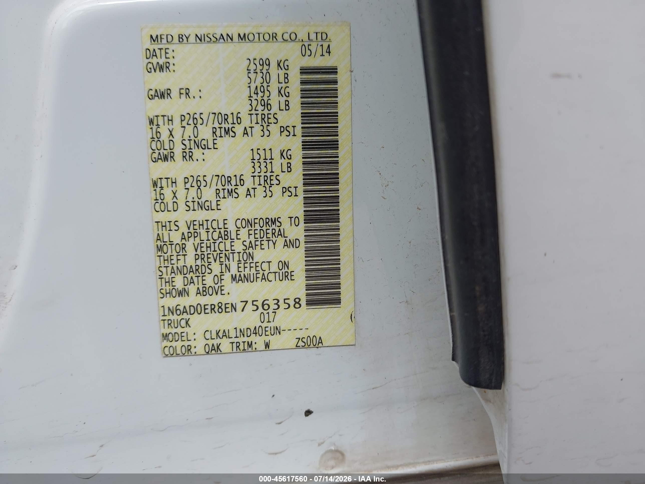 2014 Nissan Frontier S White vin: 1N6AD0ER8EN756358
