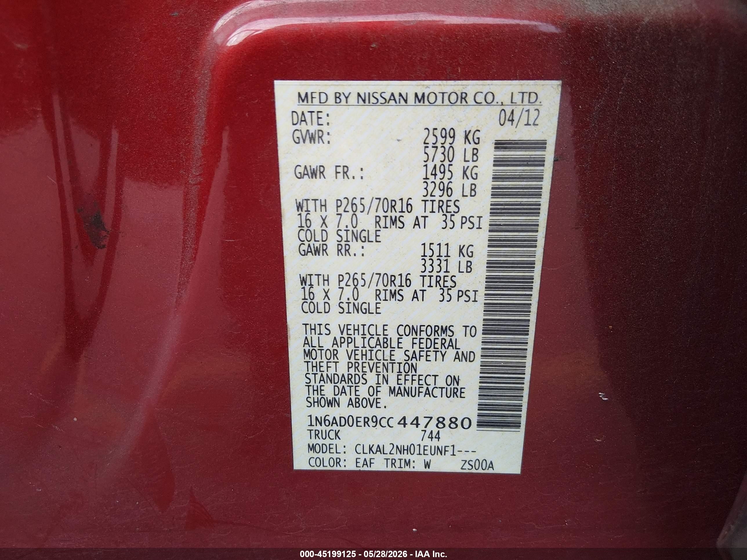 2012 Nissan Frontier Sv Red vin: 1N6AD0ER9CC447880