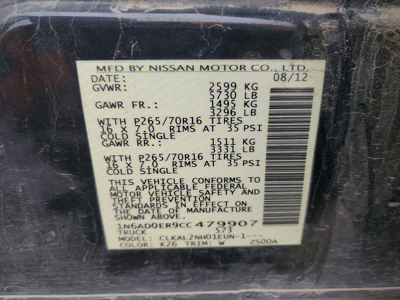 2012 Nissan Frontier S Black vin: 1N6AD0ER9CC479907