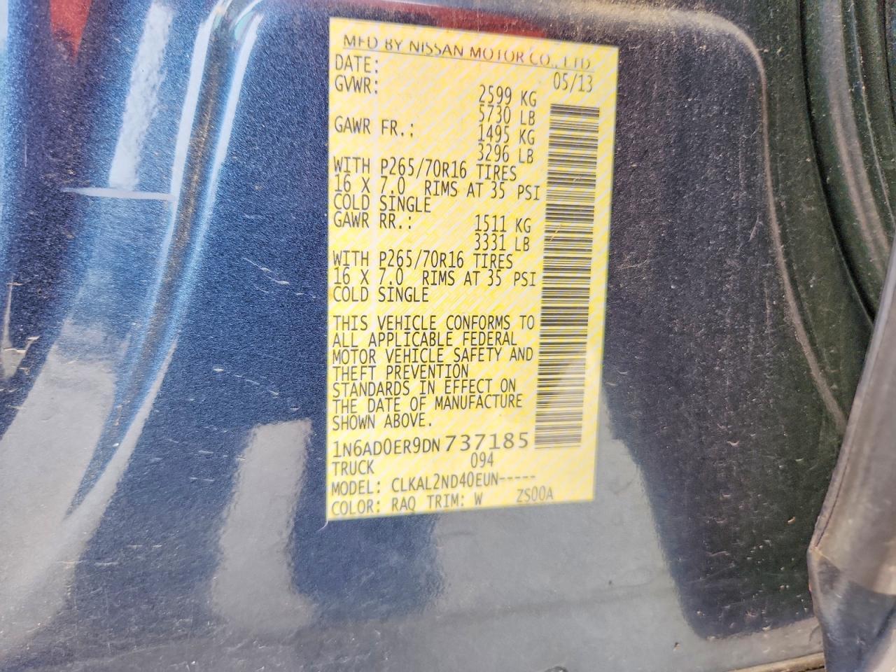 2013 Nissan Frontier S Blue vin: 1N6AD0ER9DN737185