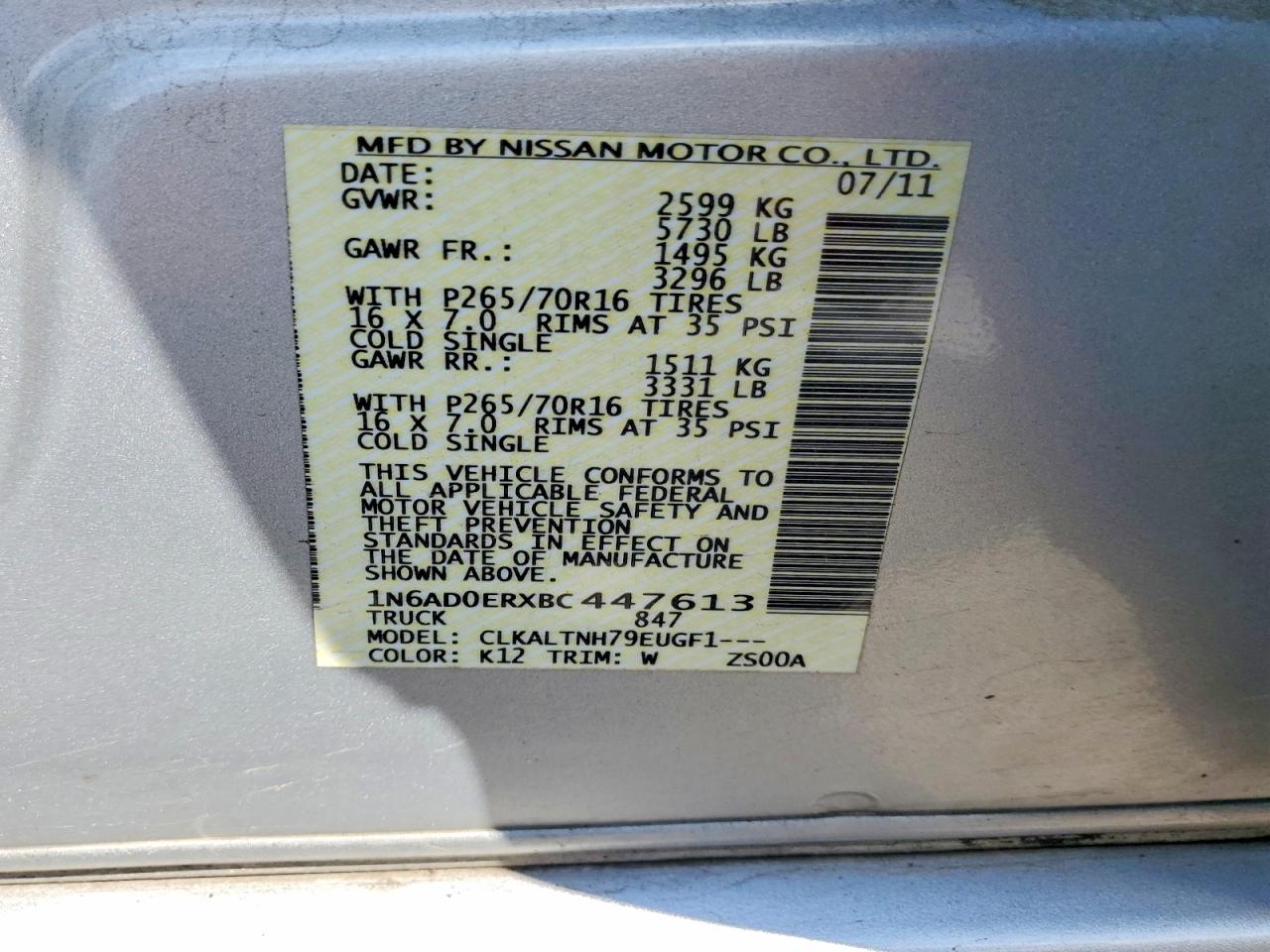 2011 Nissan Frontier S Silver vin: 1N6AD0ERXBC447613