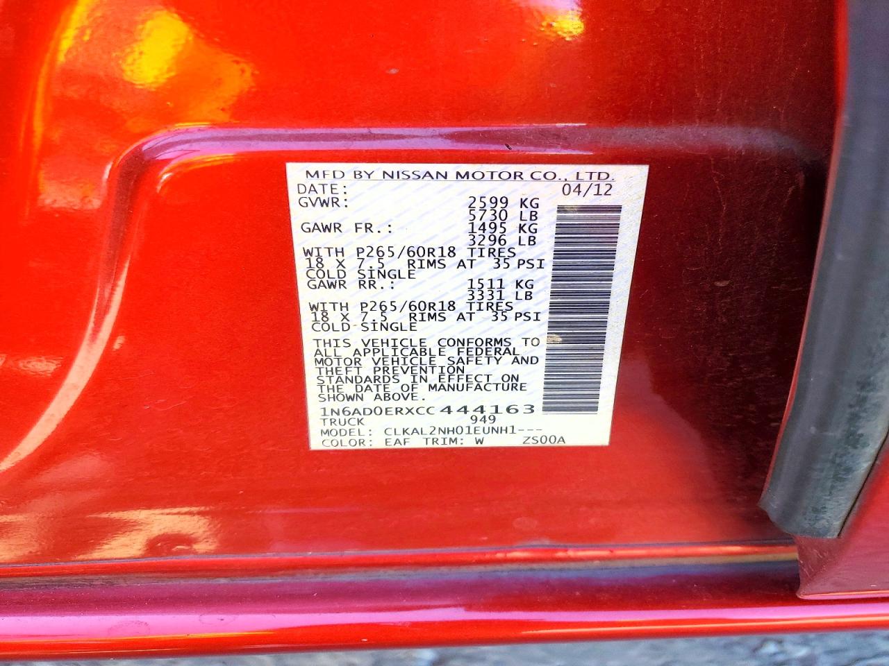 2012 Nissan Frontier S Красный vin: 1N6AD0ERXCC444163