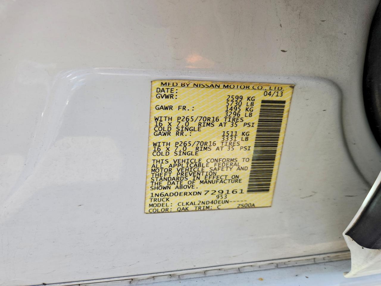 2013 Nissan Frontier S White vin: 1N6AD0ERXDN729161