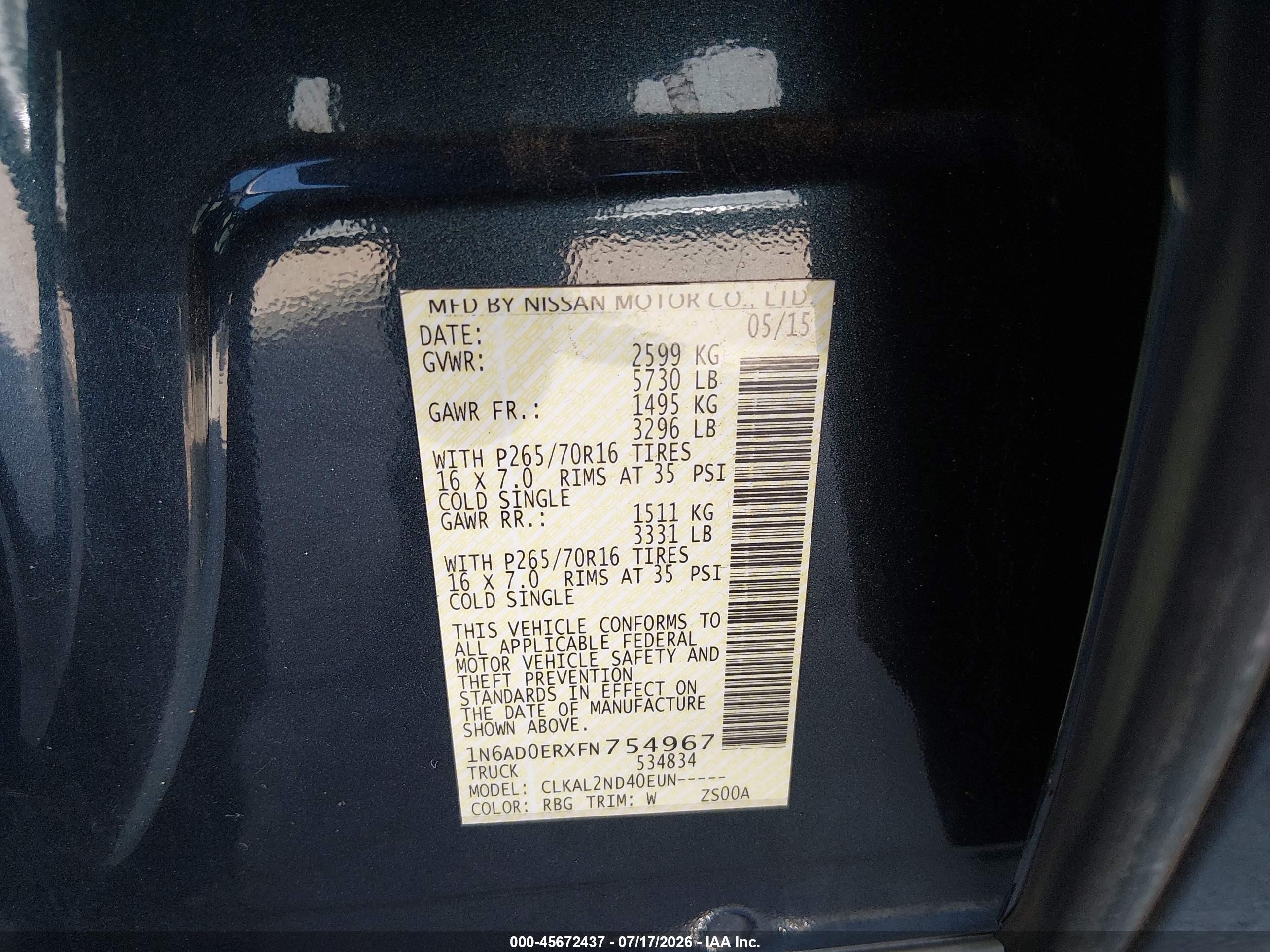 2015 Nissan Frontier Sv Blue vin: 1N6AD0ERXFN754967