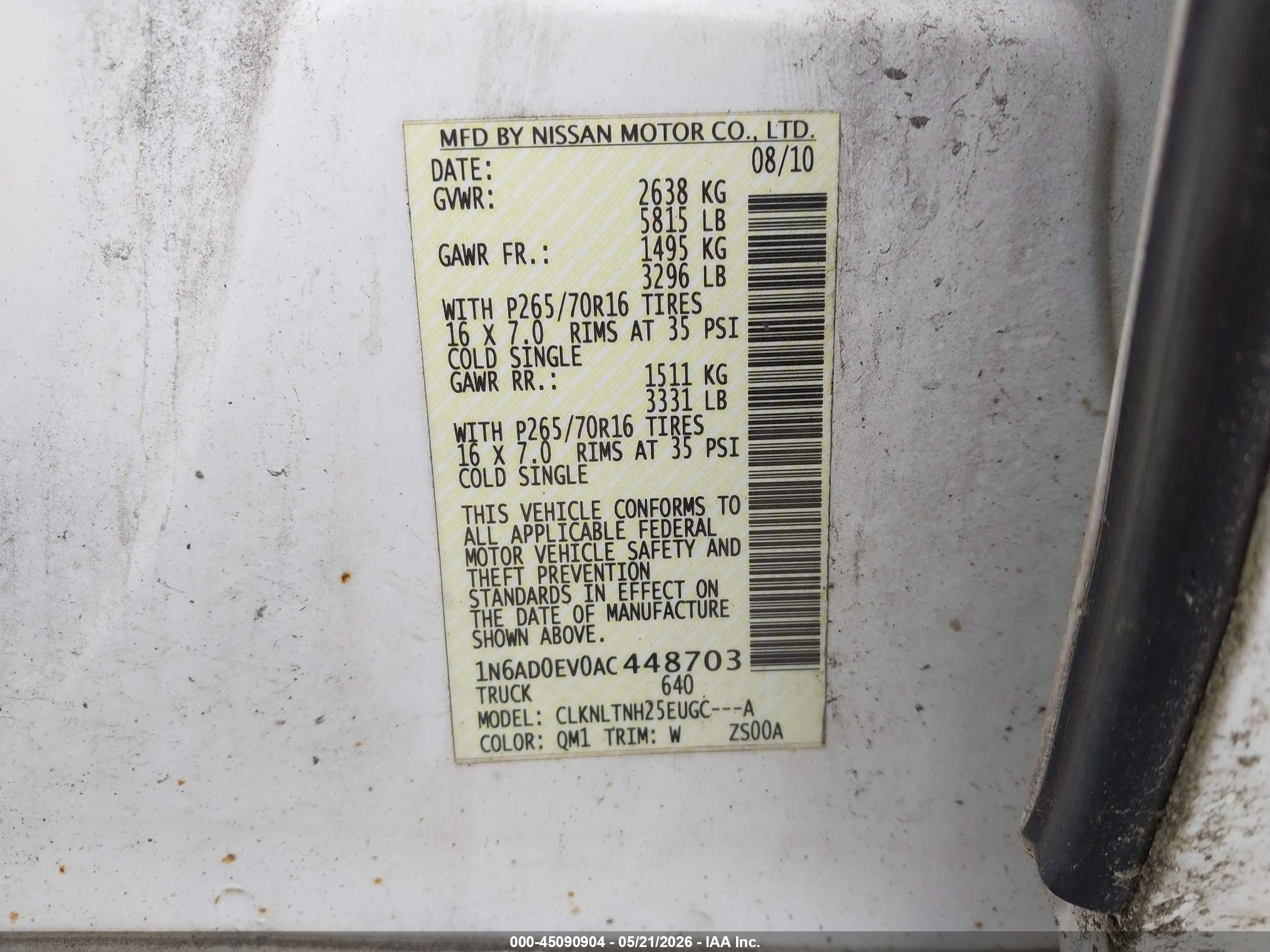 2010 Nissan Frontier Se White vin: 1N6AD0EV0AC448703