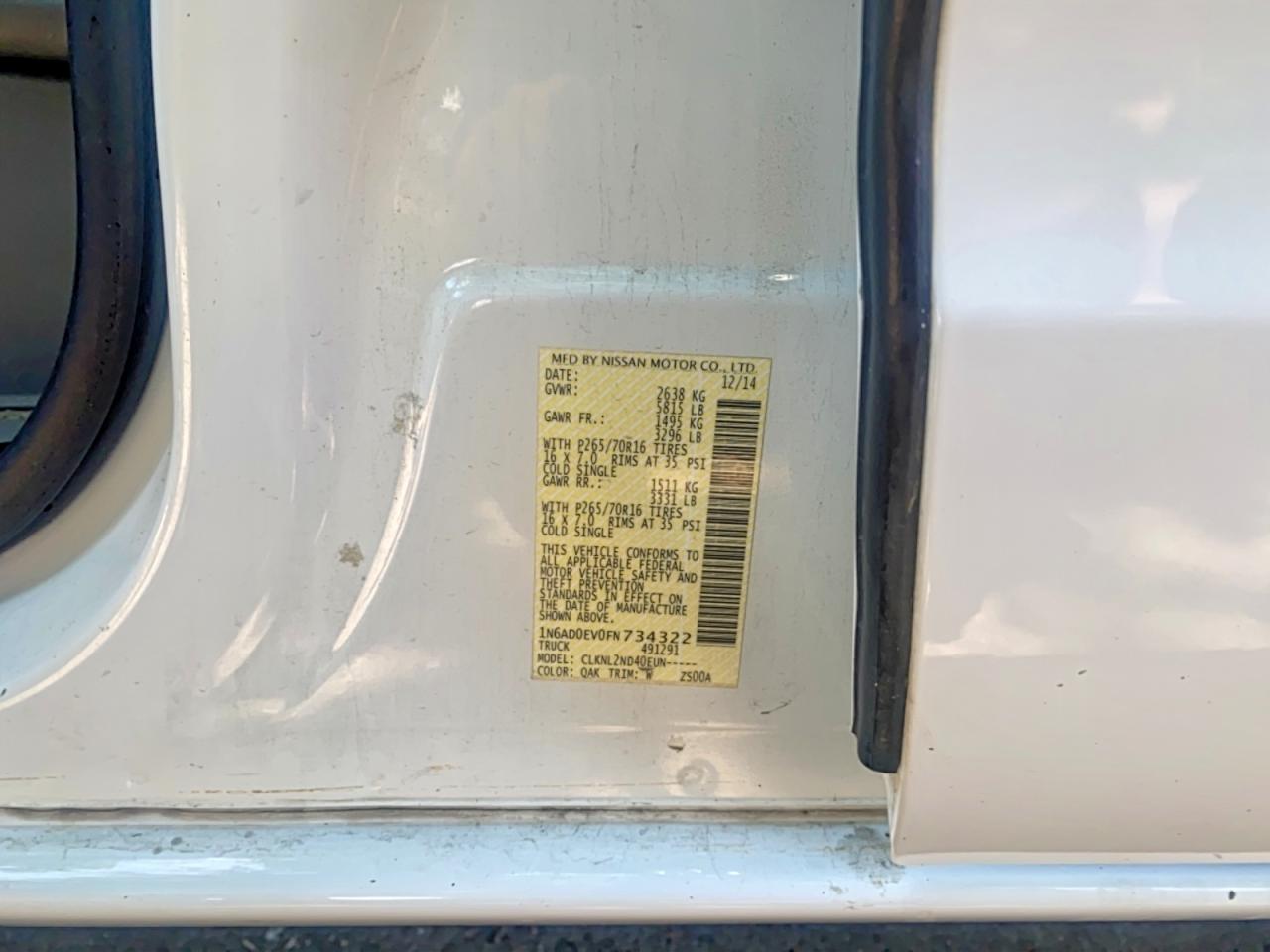 2015 Nissan Frontier Sv White vin: 1N6AD0EV0FN734322
