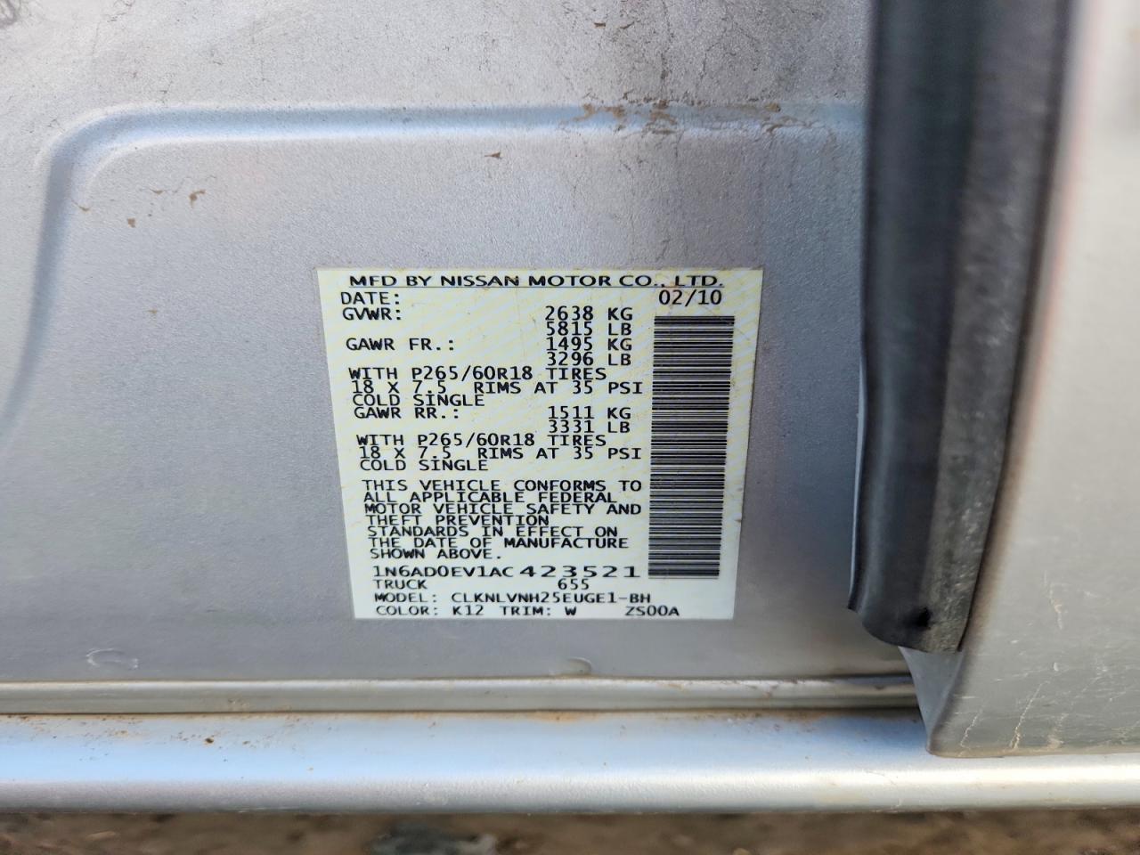 2010 Nissan Frontier Se V6 Серебряный vin: 1N6AD0EV1AC423521