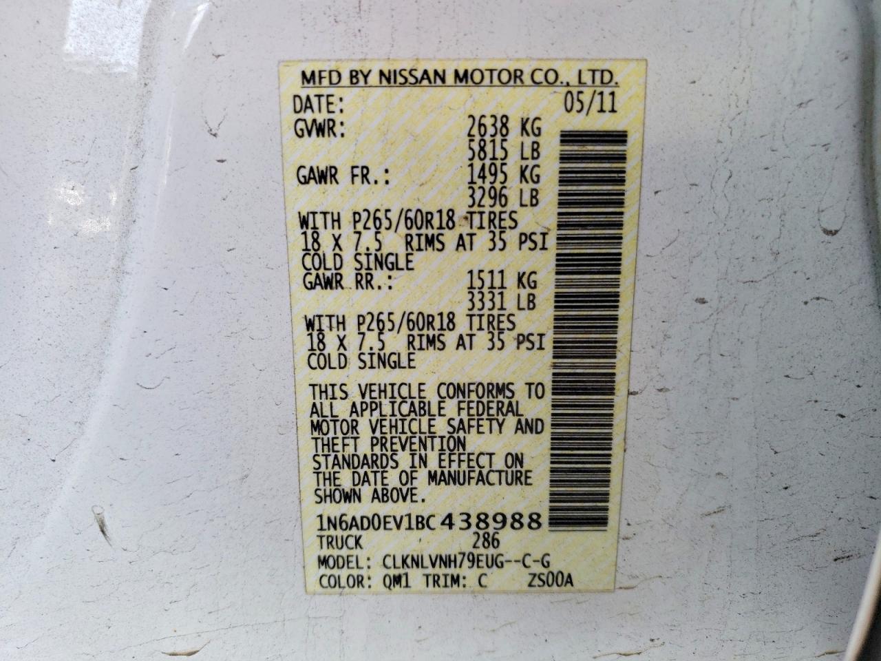 2011 Nissan Frontier S White vin: 1N6AD0EV1BC438988