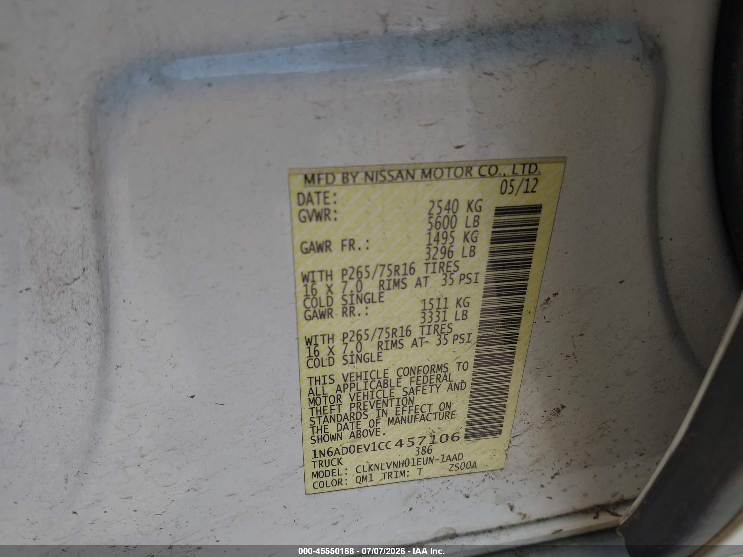 2012 Nissan Frontier Pro-4x White vin: 1N6AD0EV1CC457106